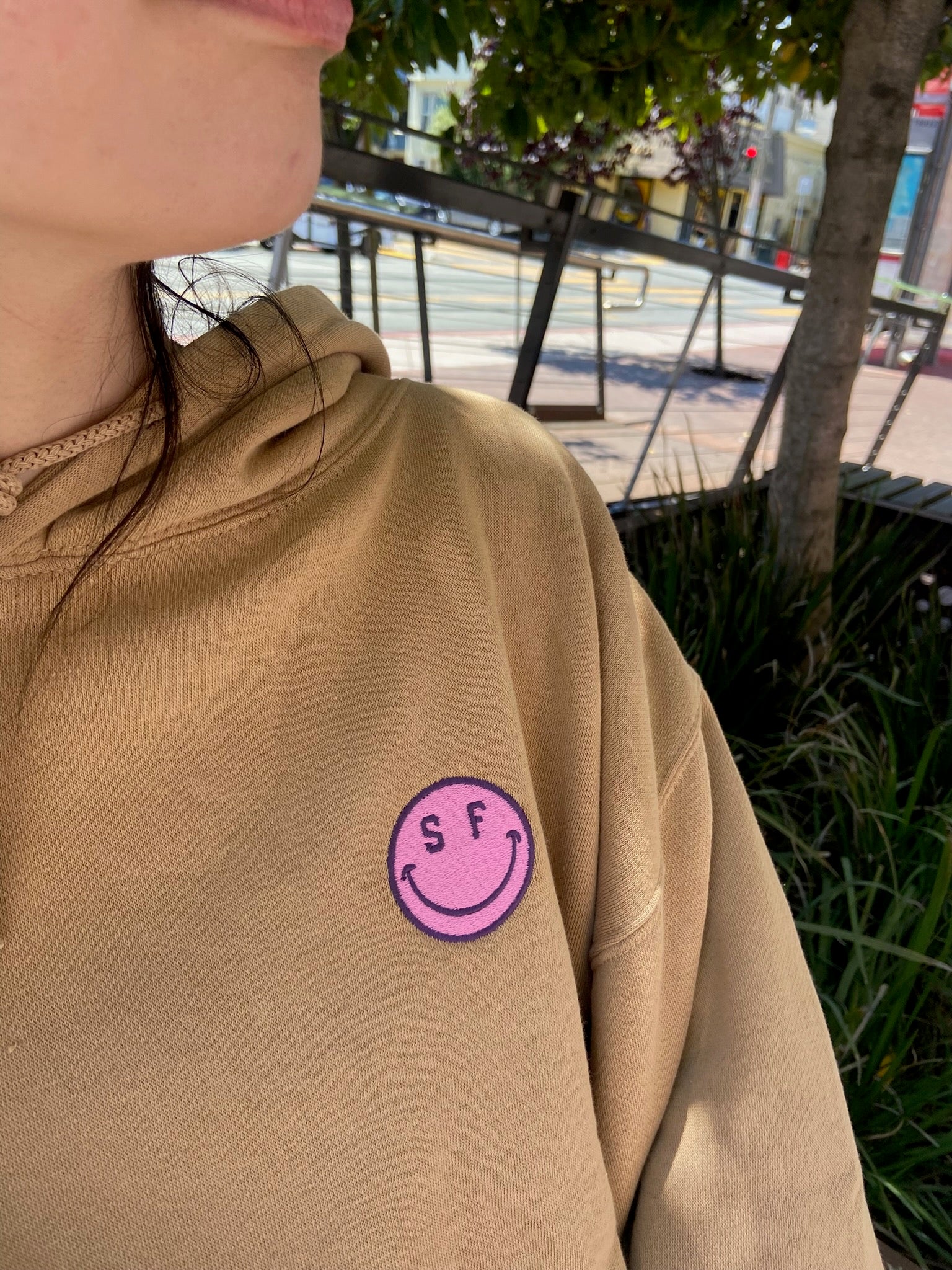 SF Smile Hoodie, Sand + Pink