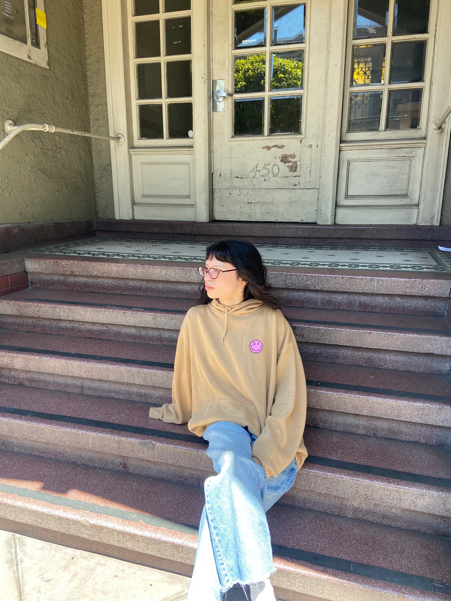 SF Smile Hoodie, Sand + Pink