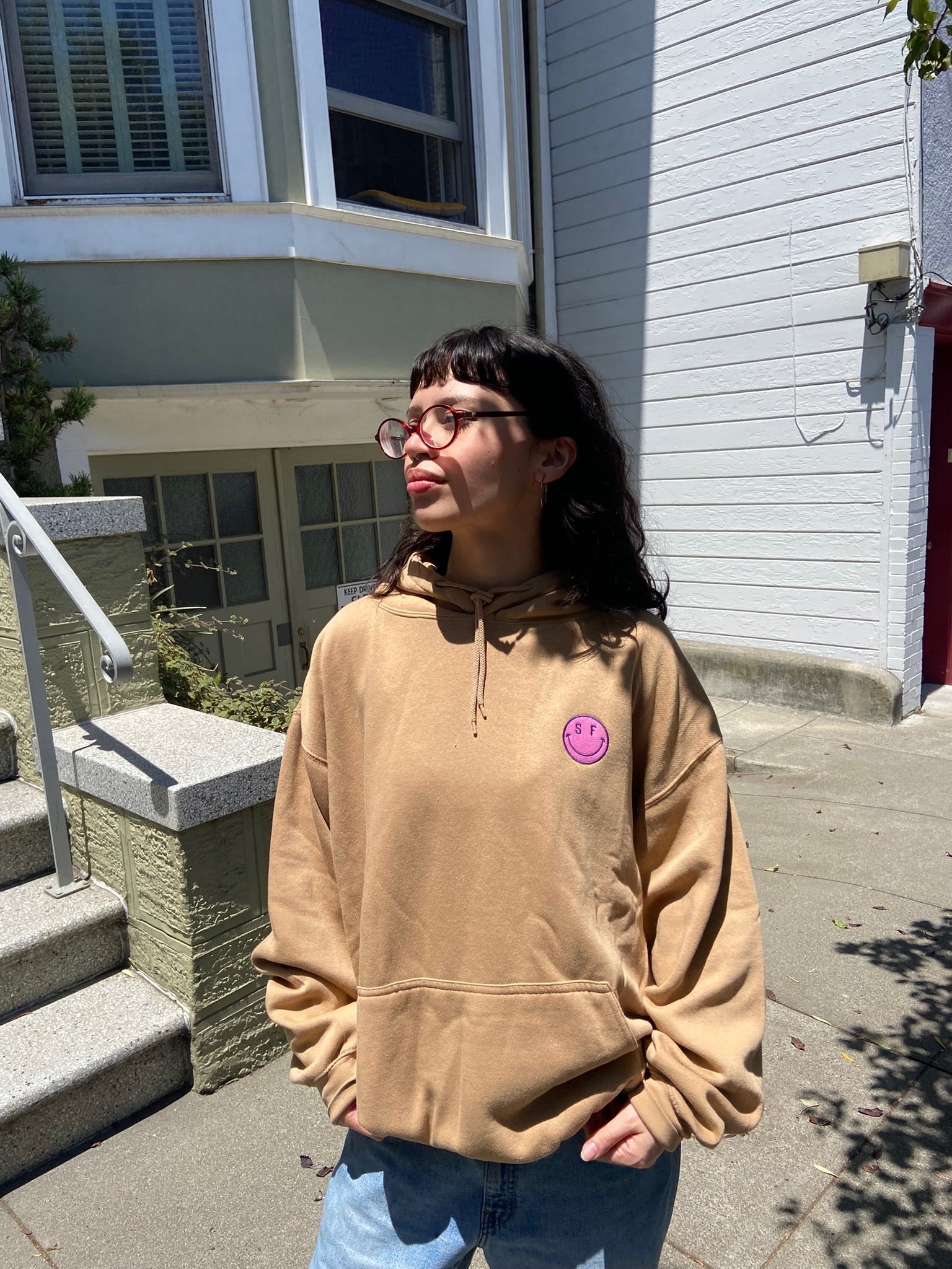 SF Smile Hoodie, Sand + Pink