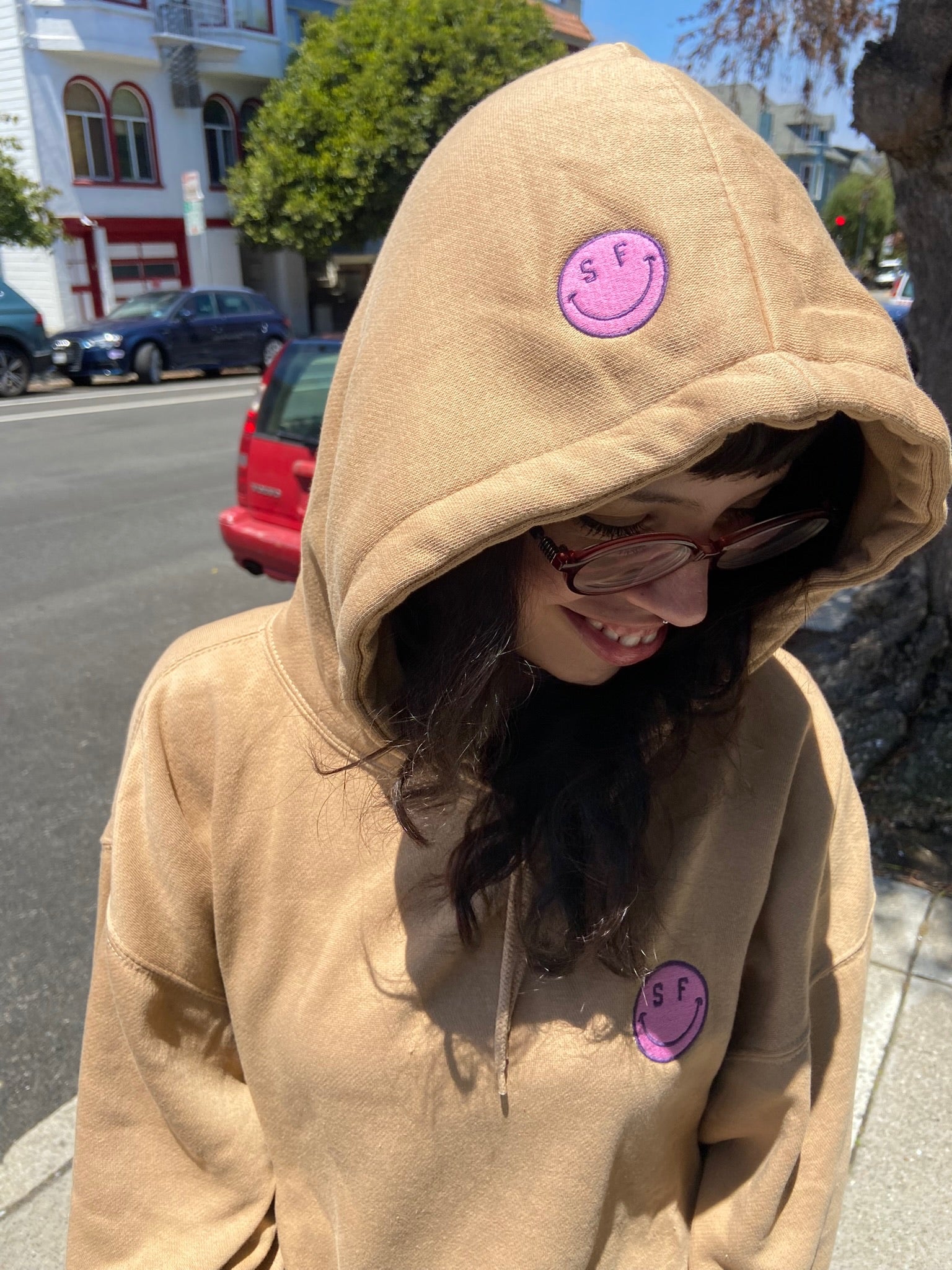 SF Smile Hoodie, Sand + Pink