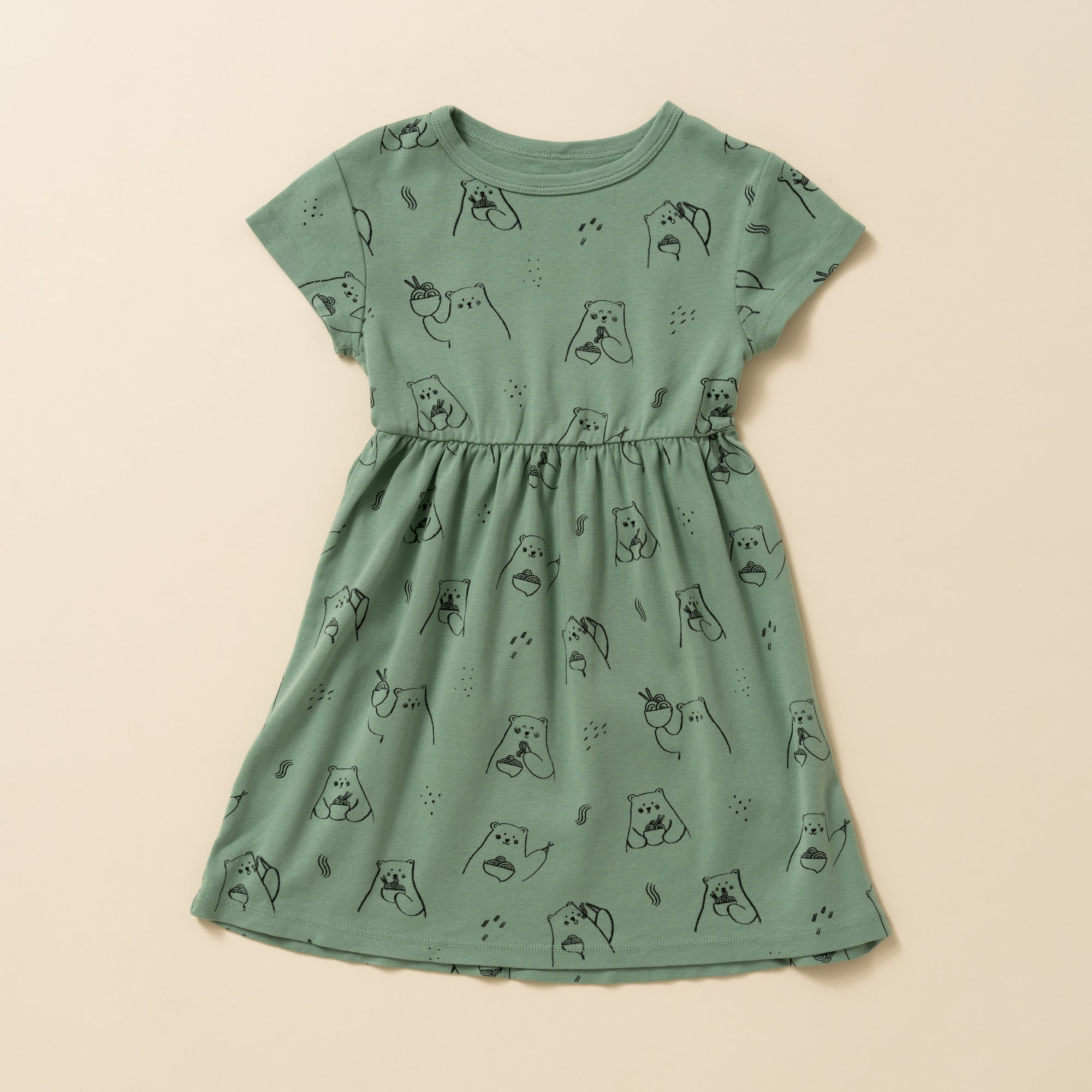 Ramen Bear Print Baby Doll Dress, Sage