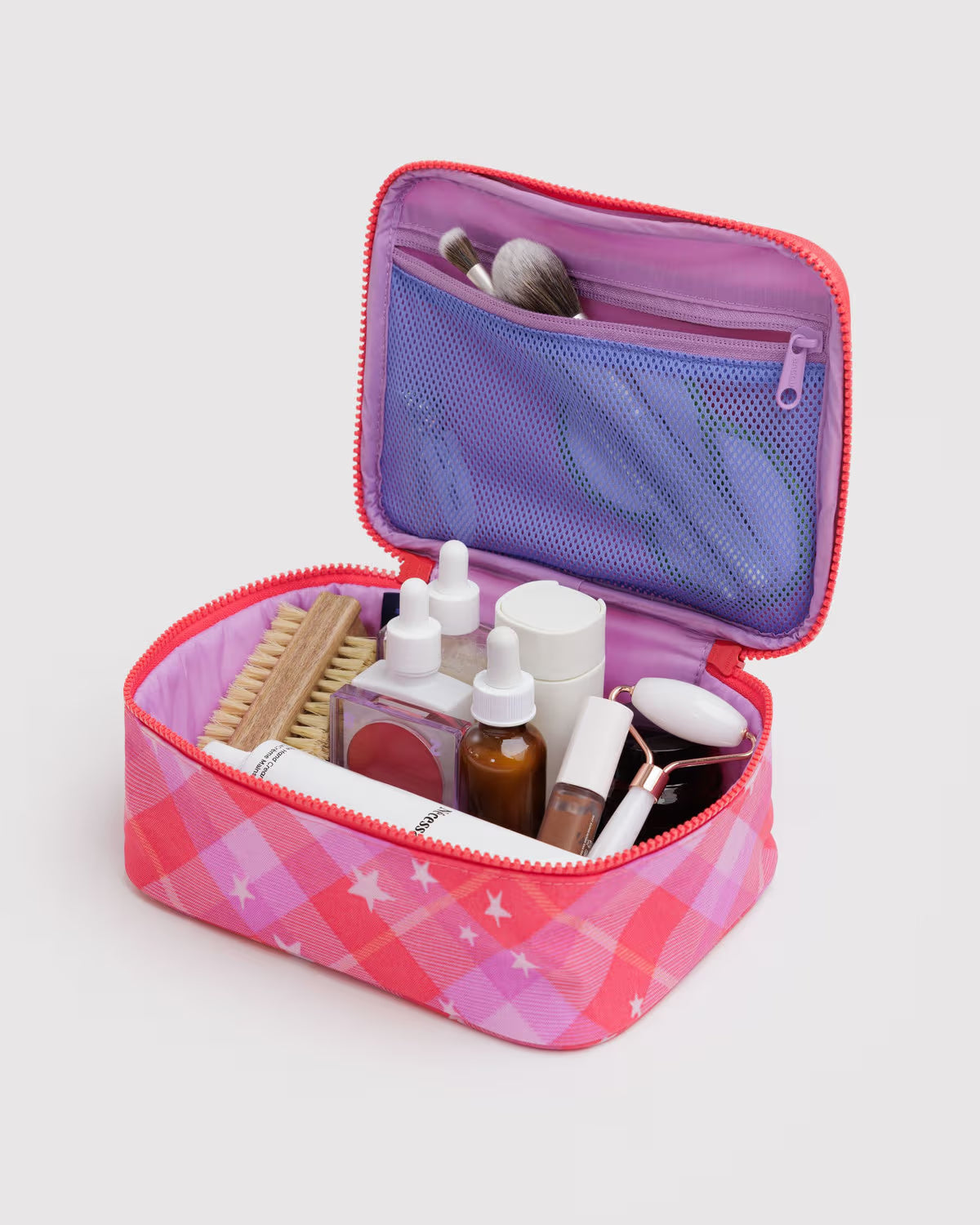 Small Cosmetic Case, Pink Star Plaid