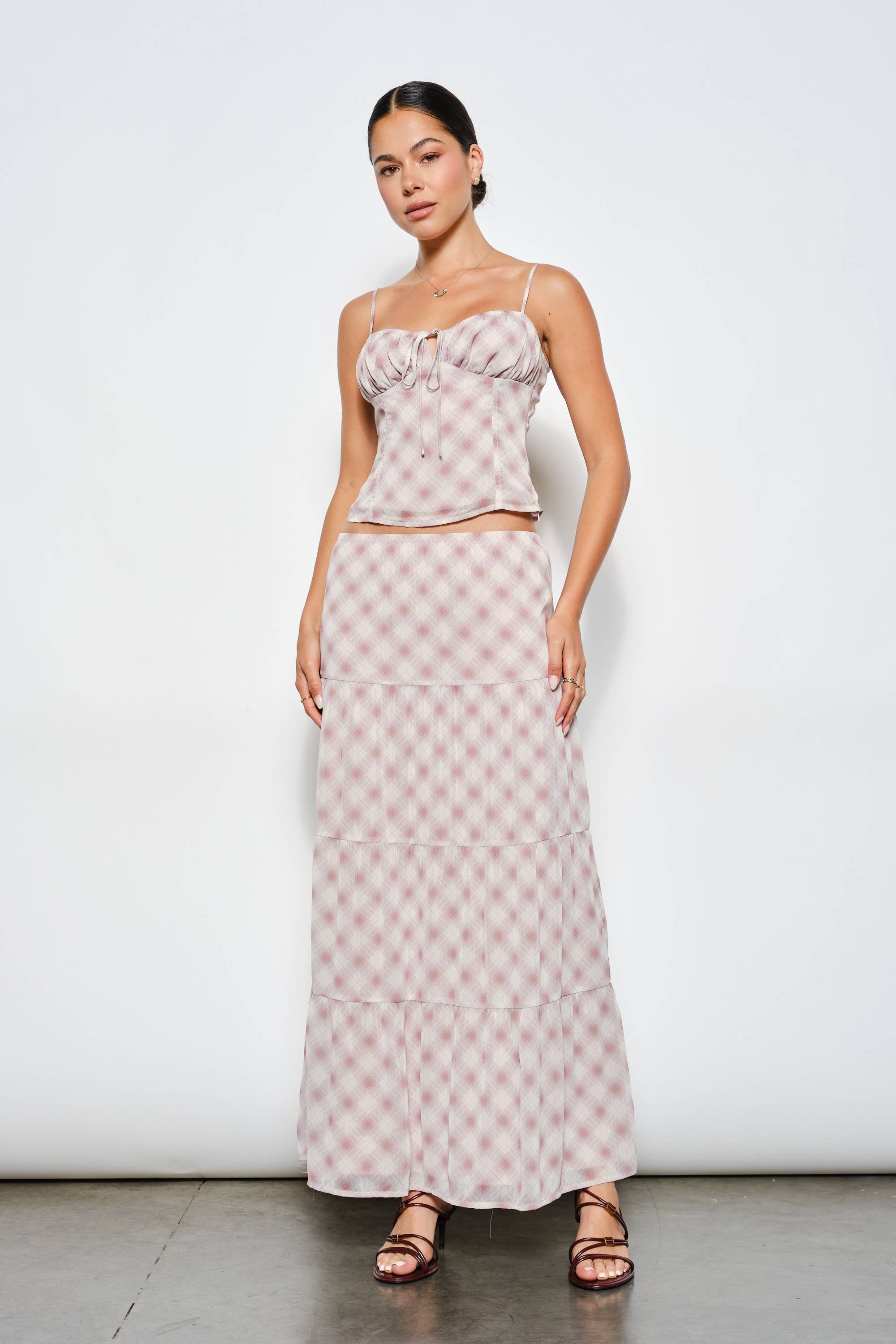 Plaid Tiered Maxi Skirt, Dusty Pink