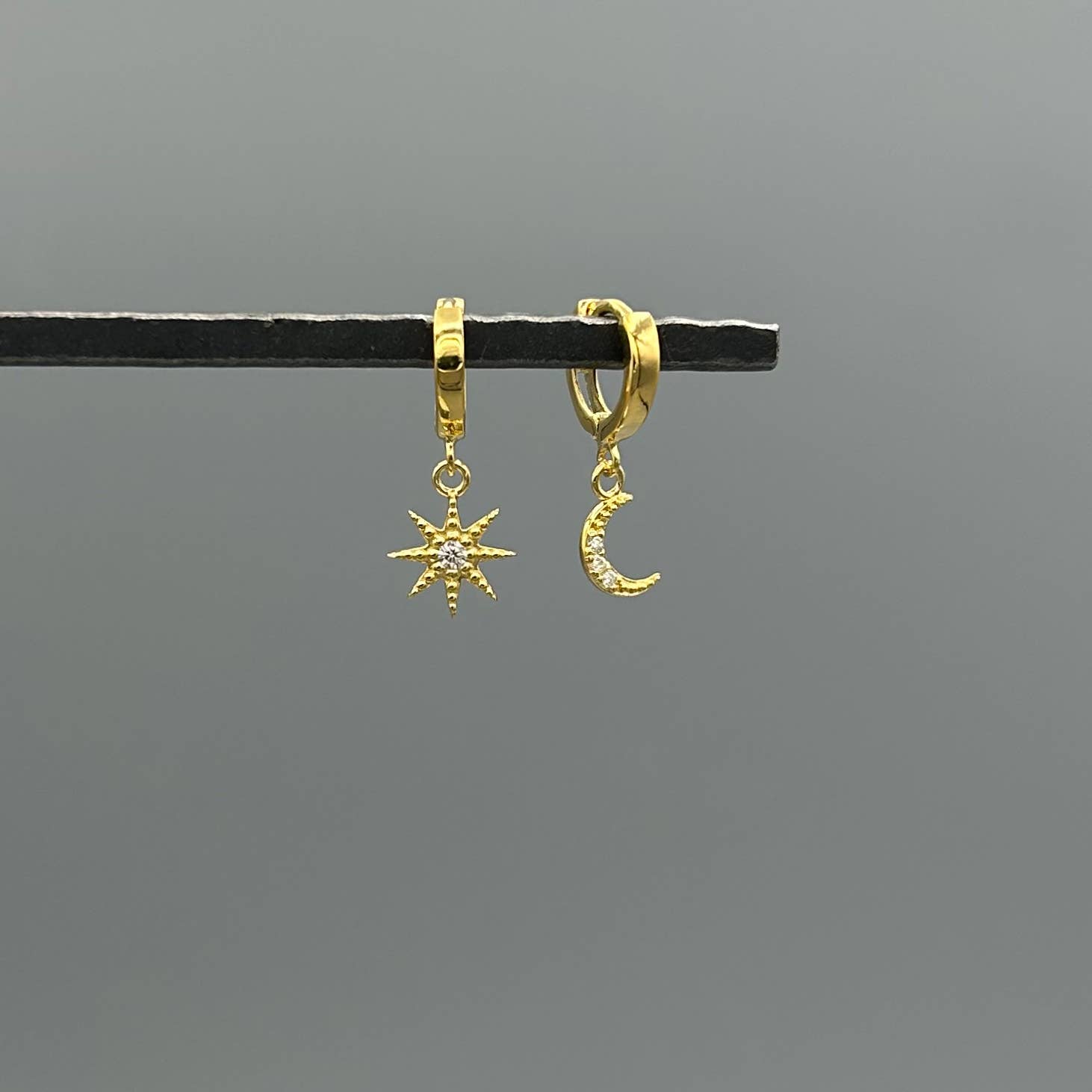 Star & Moon Pave Dangle Huggies, Sterling Silver