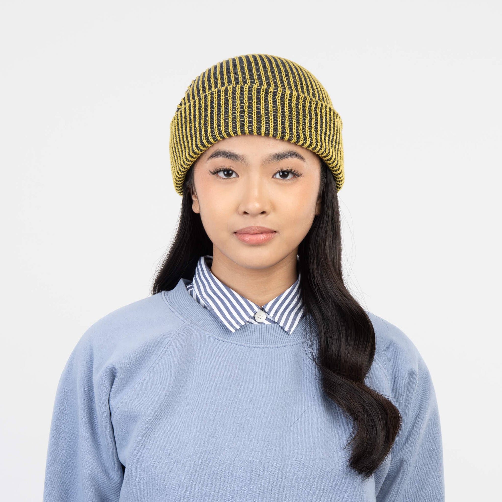 Simple Rib Knit Beanie, Golden Olive Navy