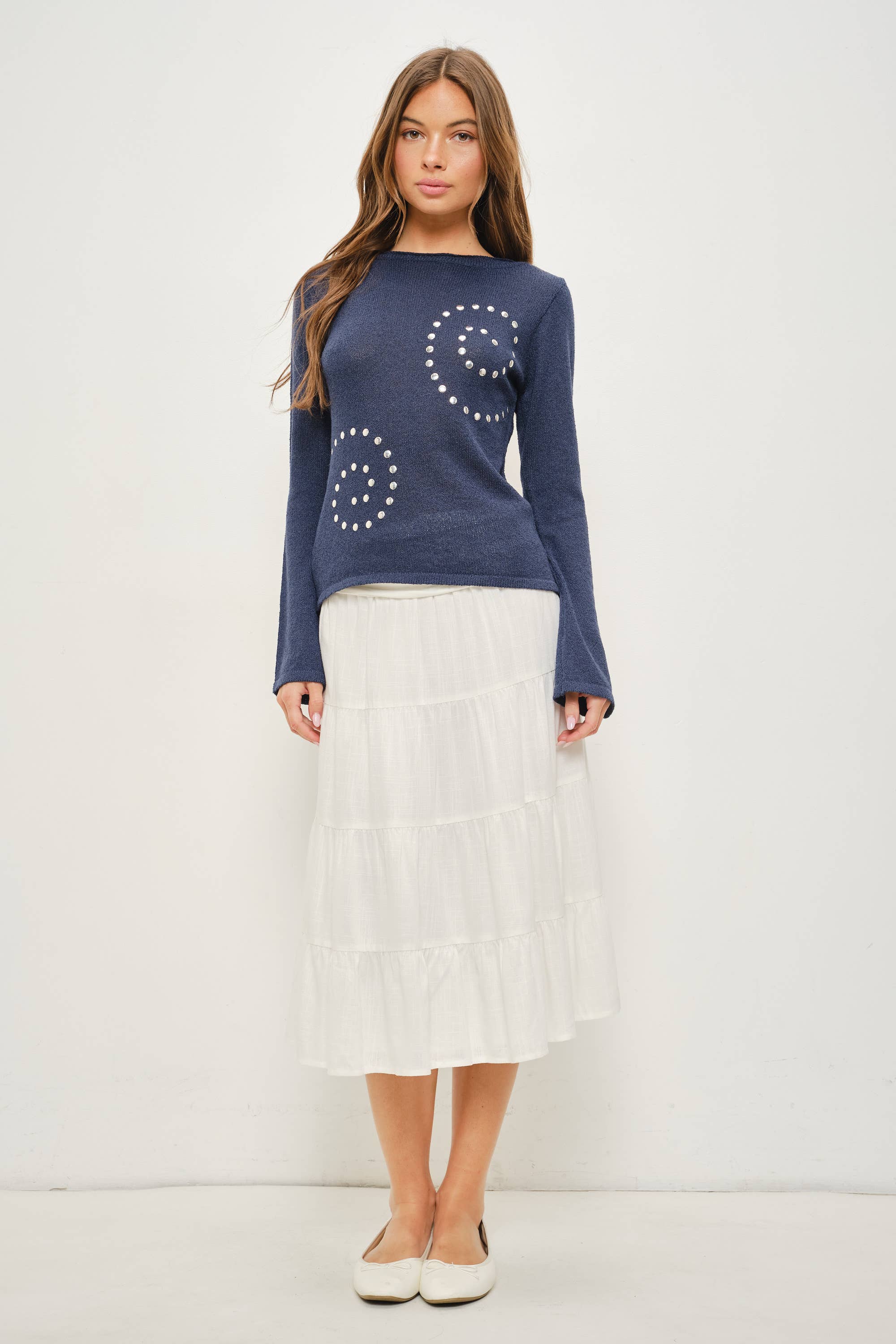 Studded Open Knit Long Sleeve Top, Navy