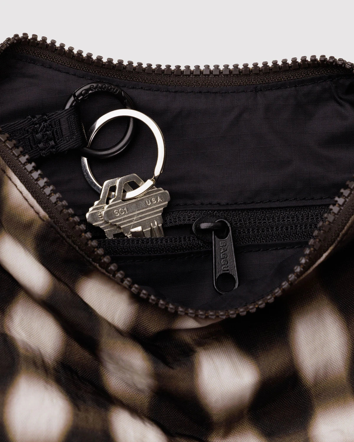 Small Nylon Crescent Bag, Blurred Gingham Brown