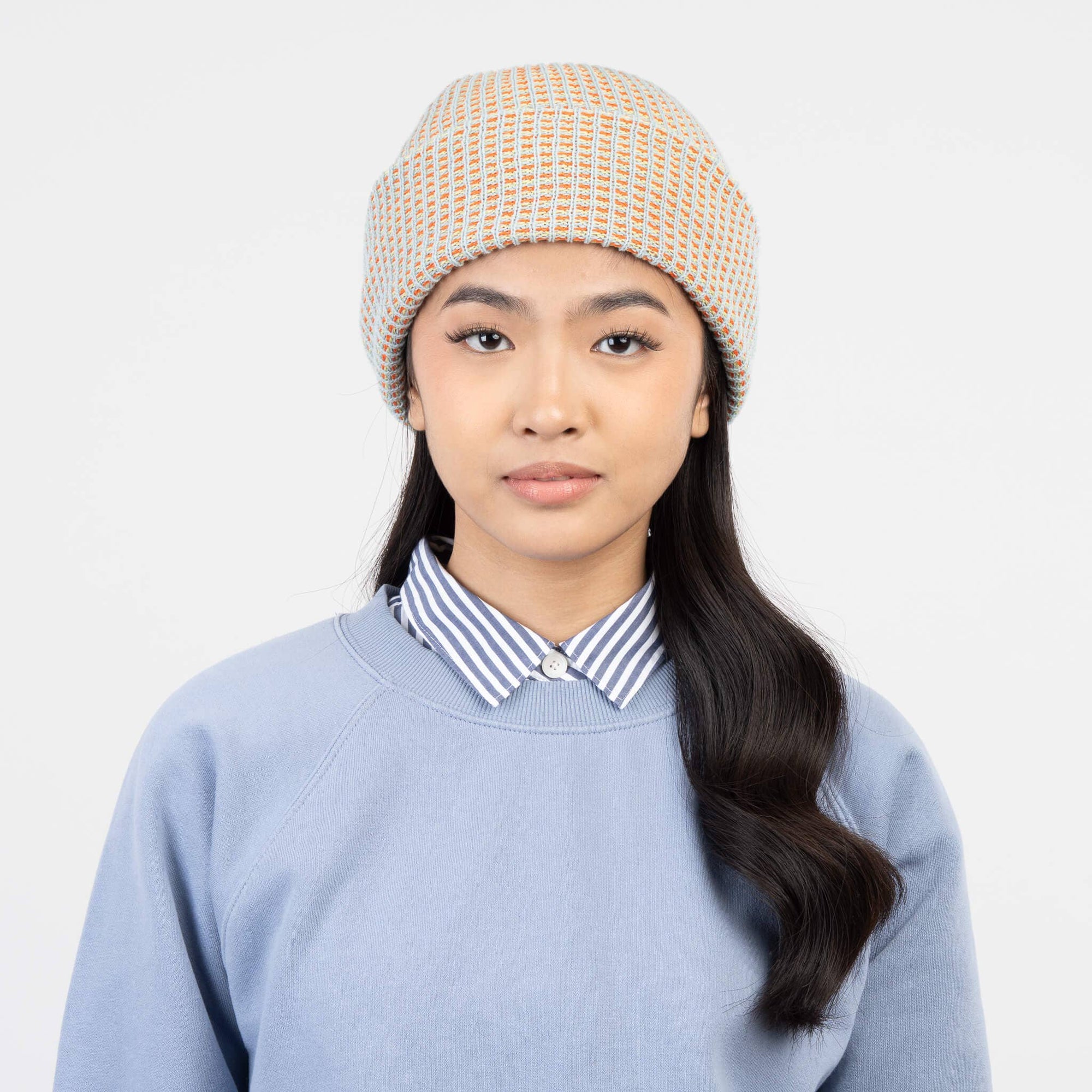 Simple Grid Knit Beanie, Stone Blue
