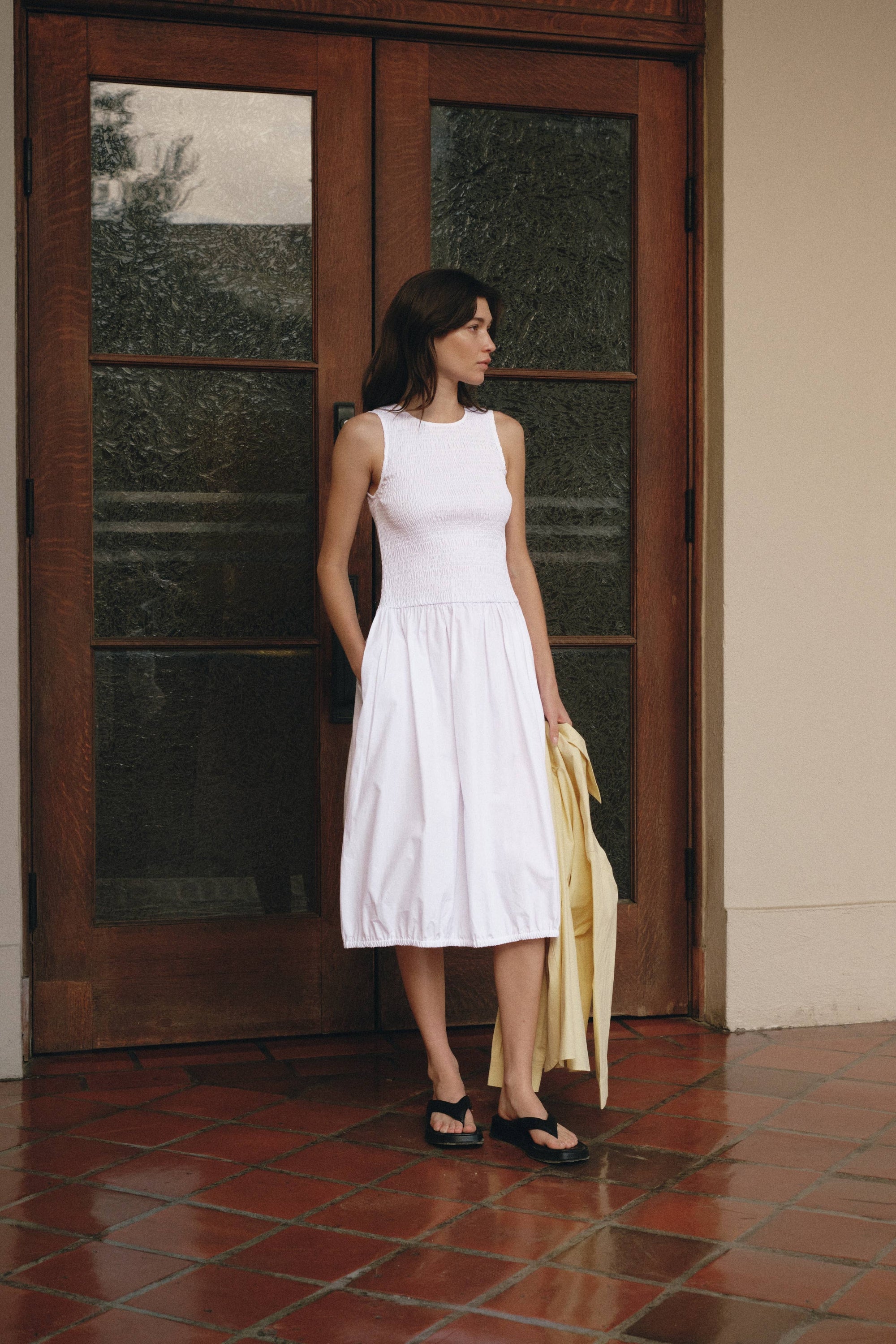 Smocked Cotton Midi Dress, White
