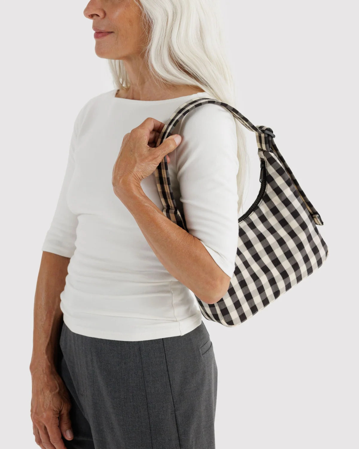 Mini Nylon Shoulder Bag, Black and Cream Gingham