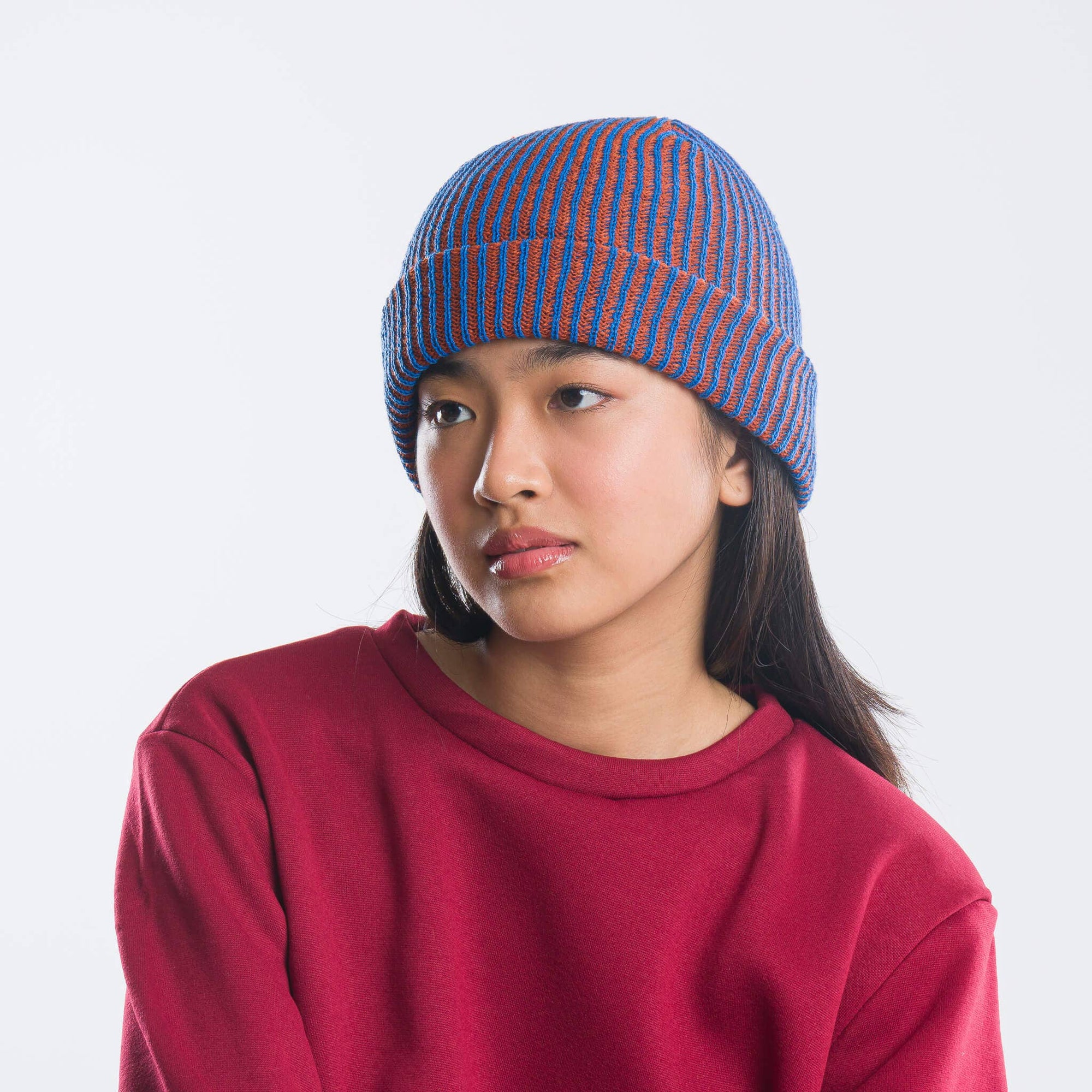 Simple Rib Beanie, Cobalt Rust