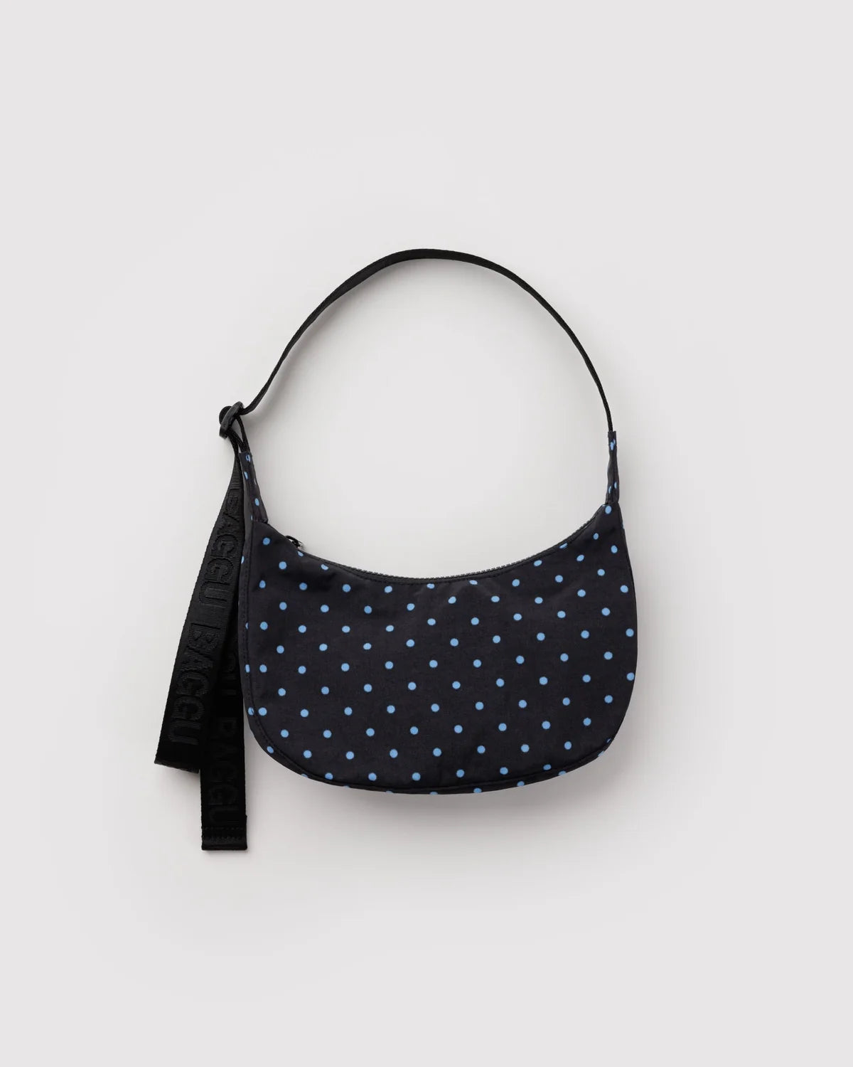 Small Nylon Crescent Bag, Black and Sky Blue Micro Dot