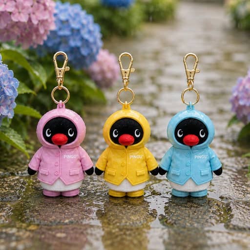 Pingu Raincoat Plush Keychain, Pink