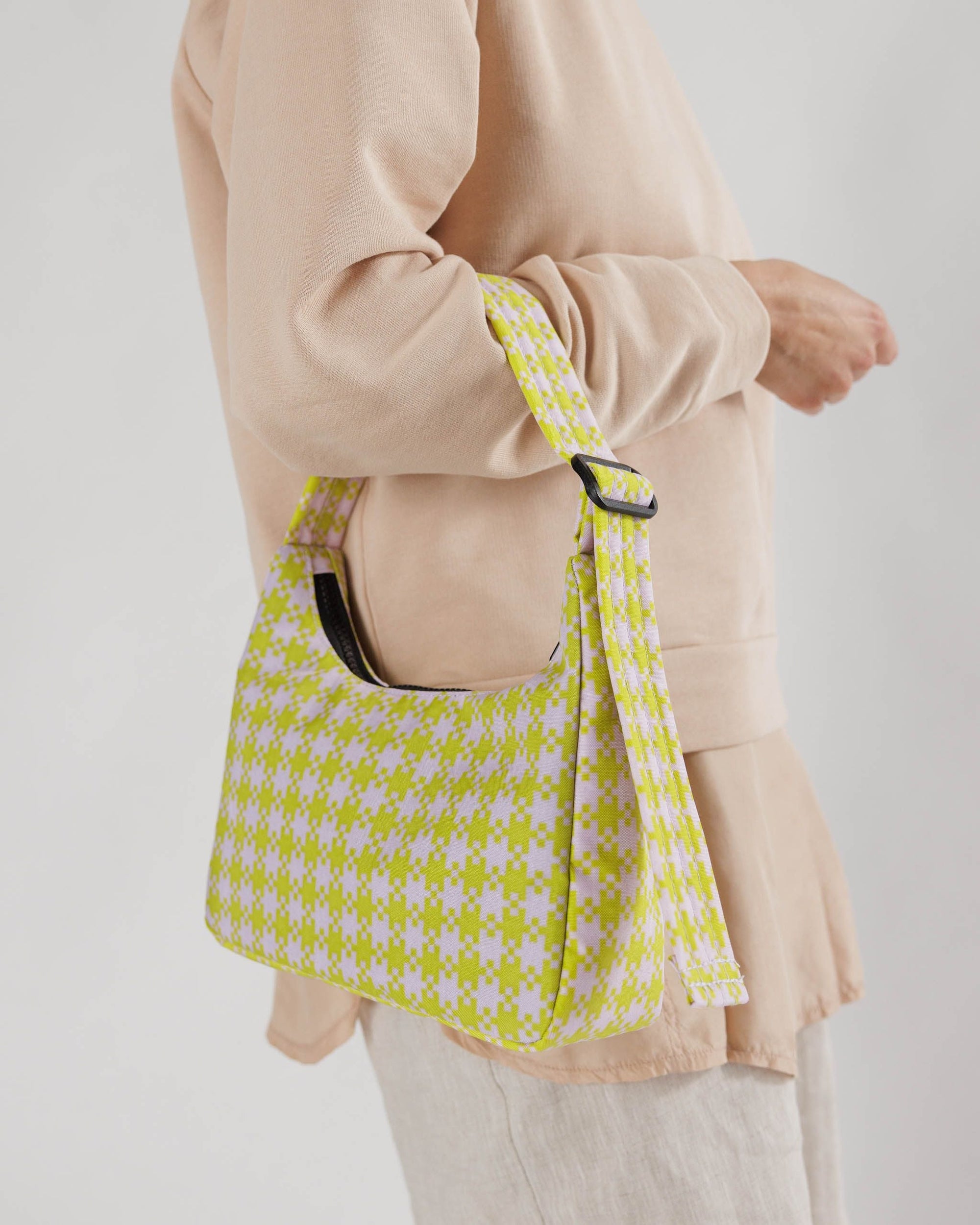 Mini Nylon Shoulder Bag, Pink Pistachio Pixel Gingham
