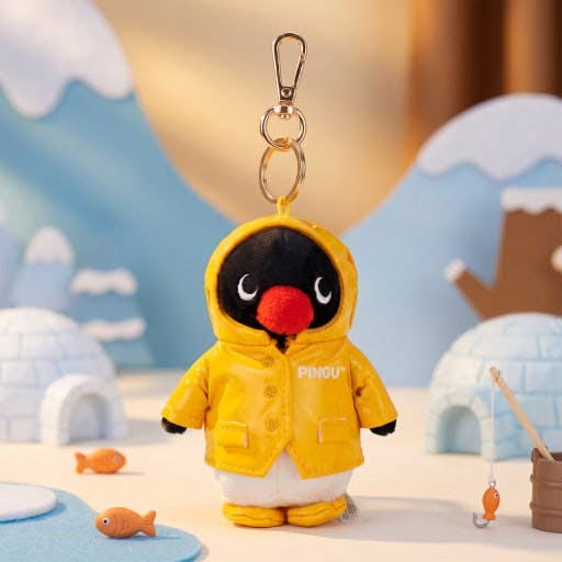 Pingu Raincoat Plush Keychain, Pink