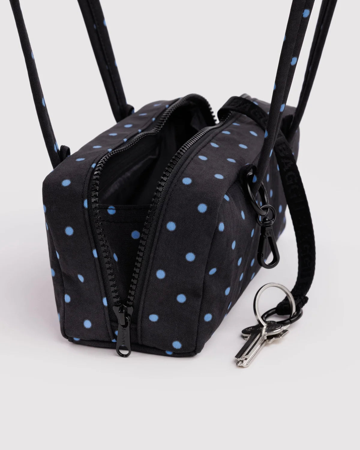 Small Nylon Bowler Bag, Black and Sky Blue Micro Dot