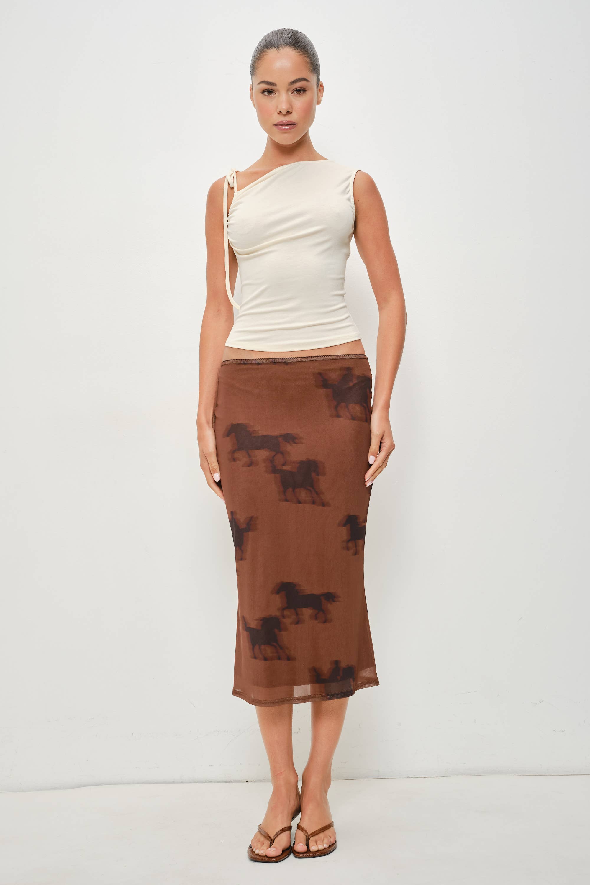 Horse Print Midi Skirt, Brown Multi
