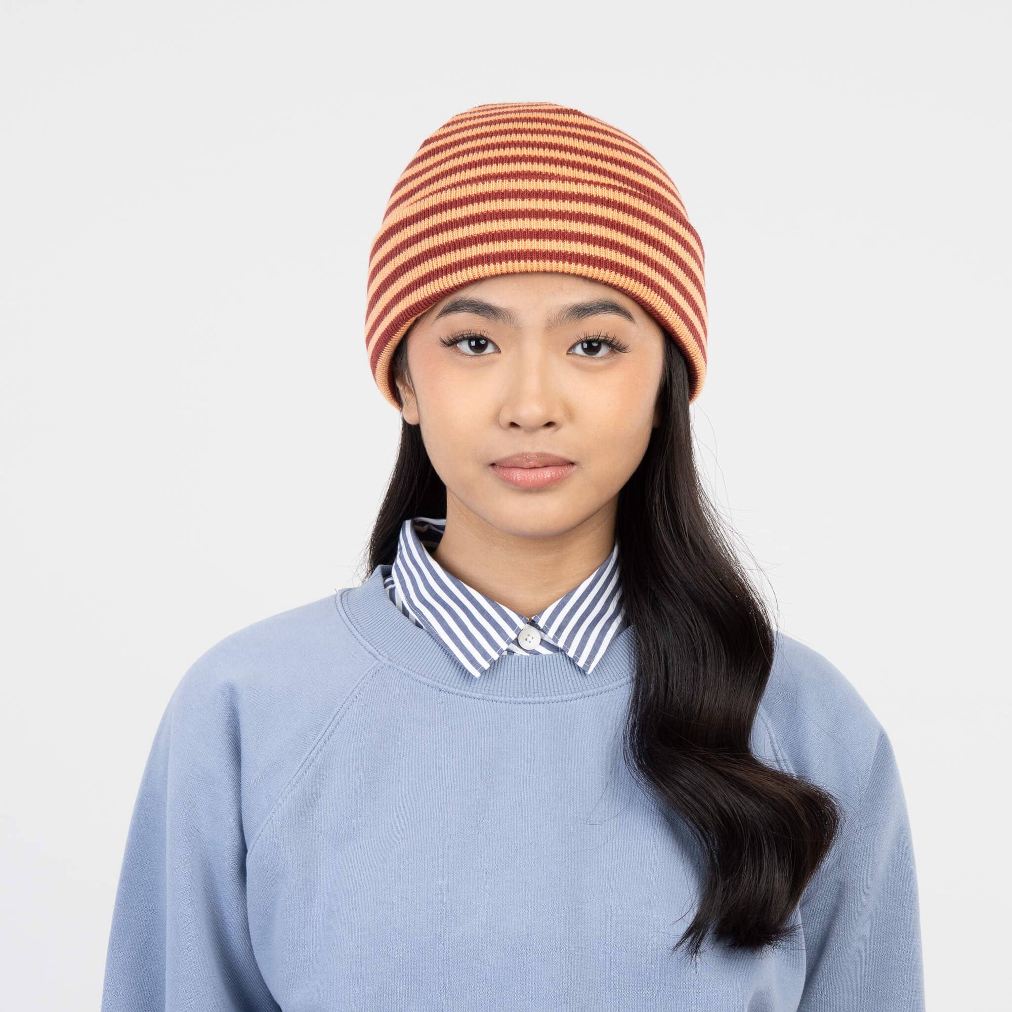 Simple Stripe Knit Beanie, Peach Wine Red