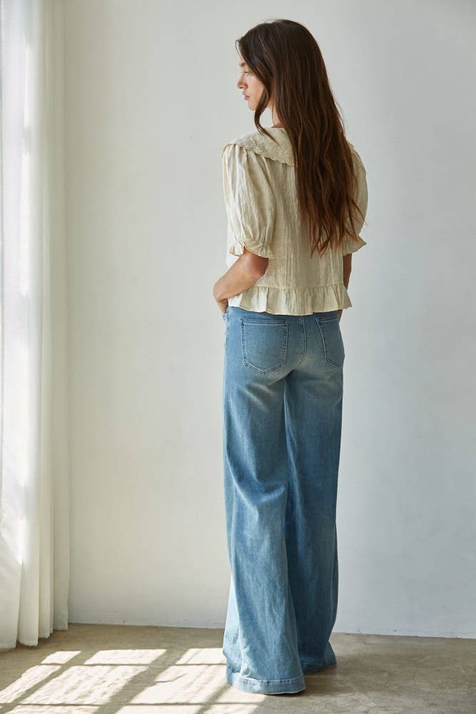 Embroidered Wide Collar Blouse, Cream