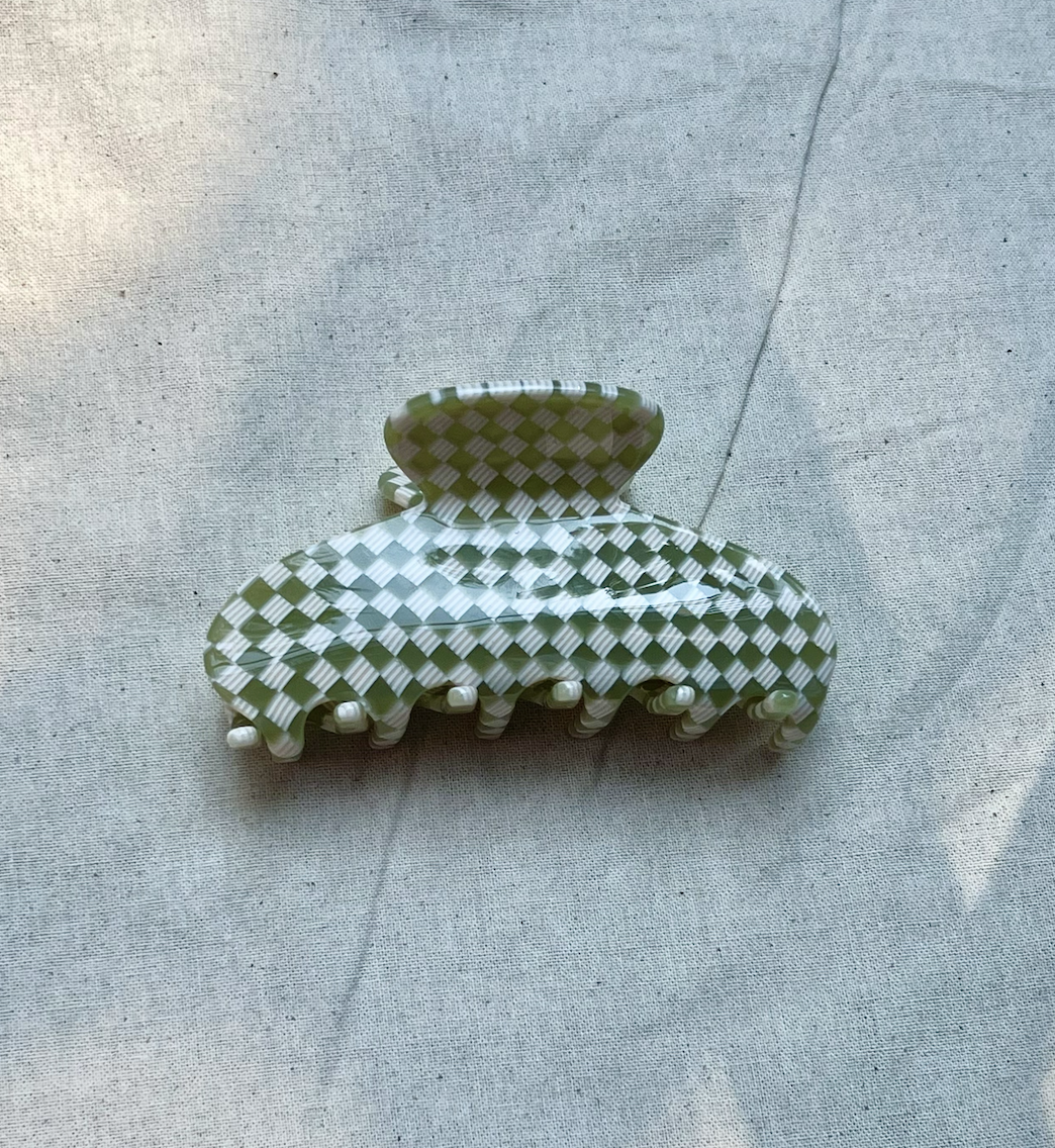 Olive Checker Hair Claw
