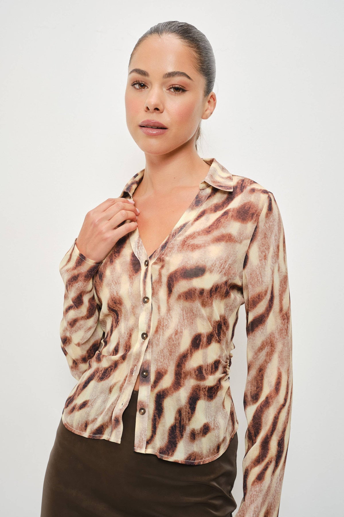 Button Up Shirt, Brown/Light Yellow