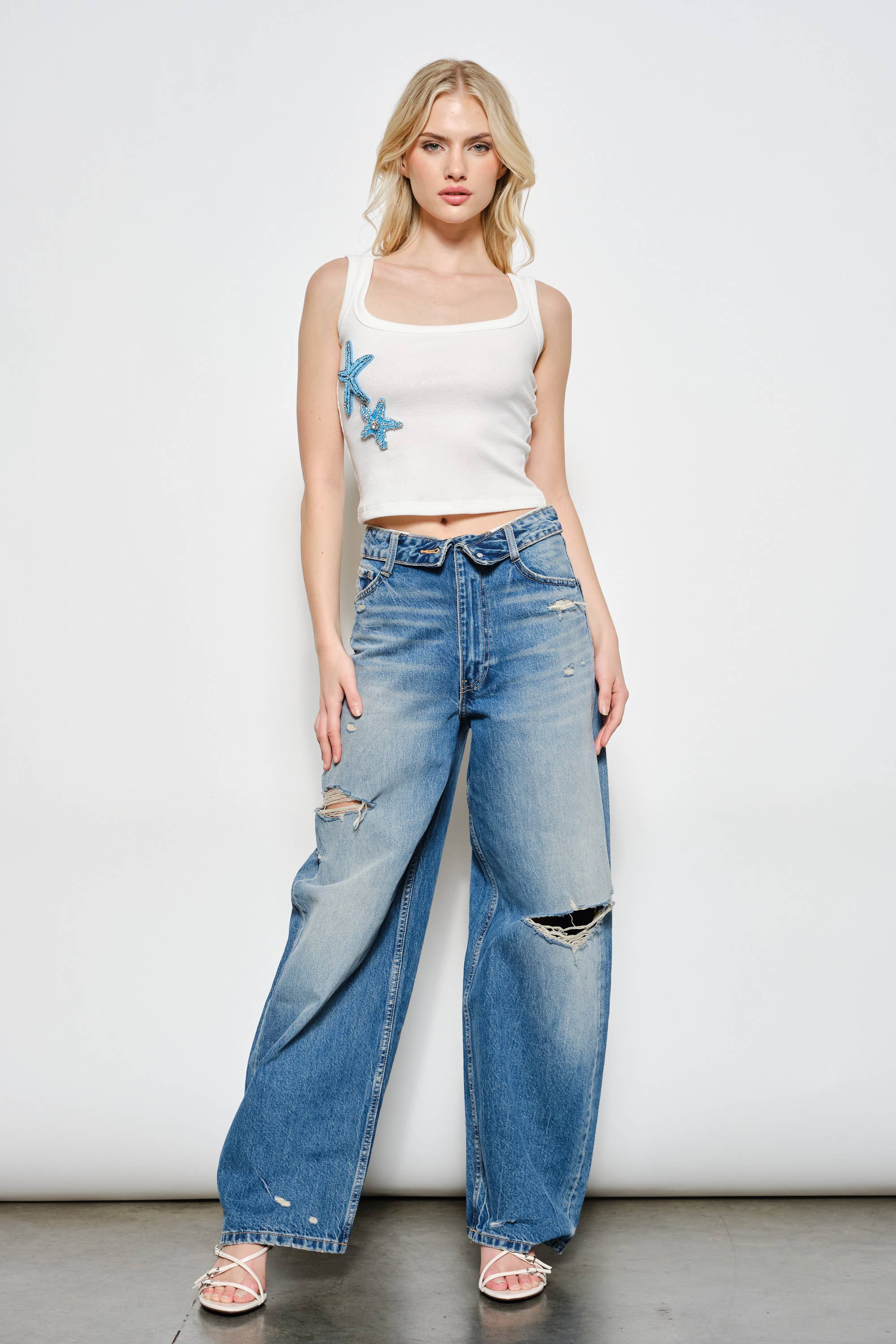 Starfish Beaded Ribbed Tank Top, Off-White