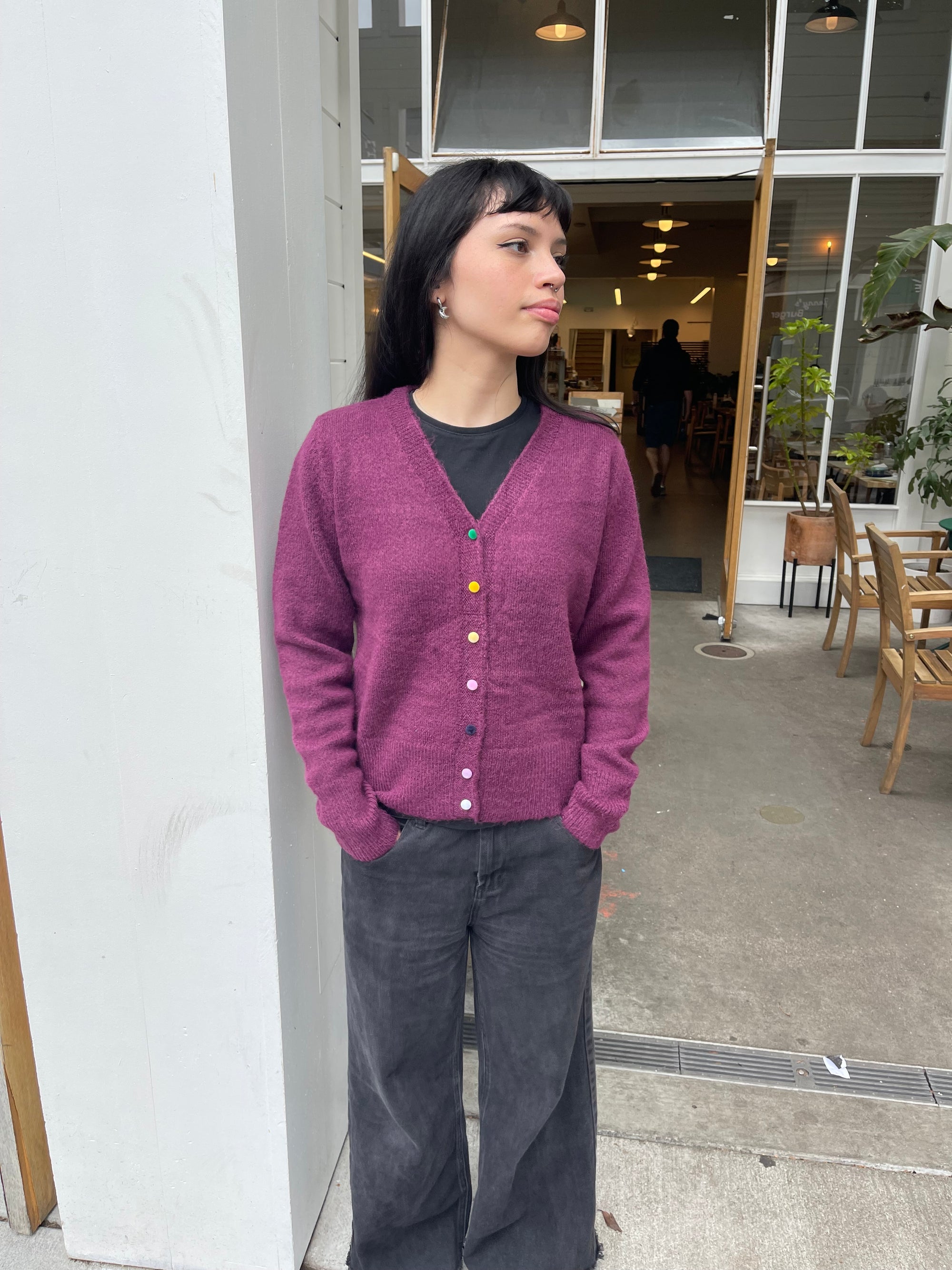 Colored Button Cardigan, Plum