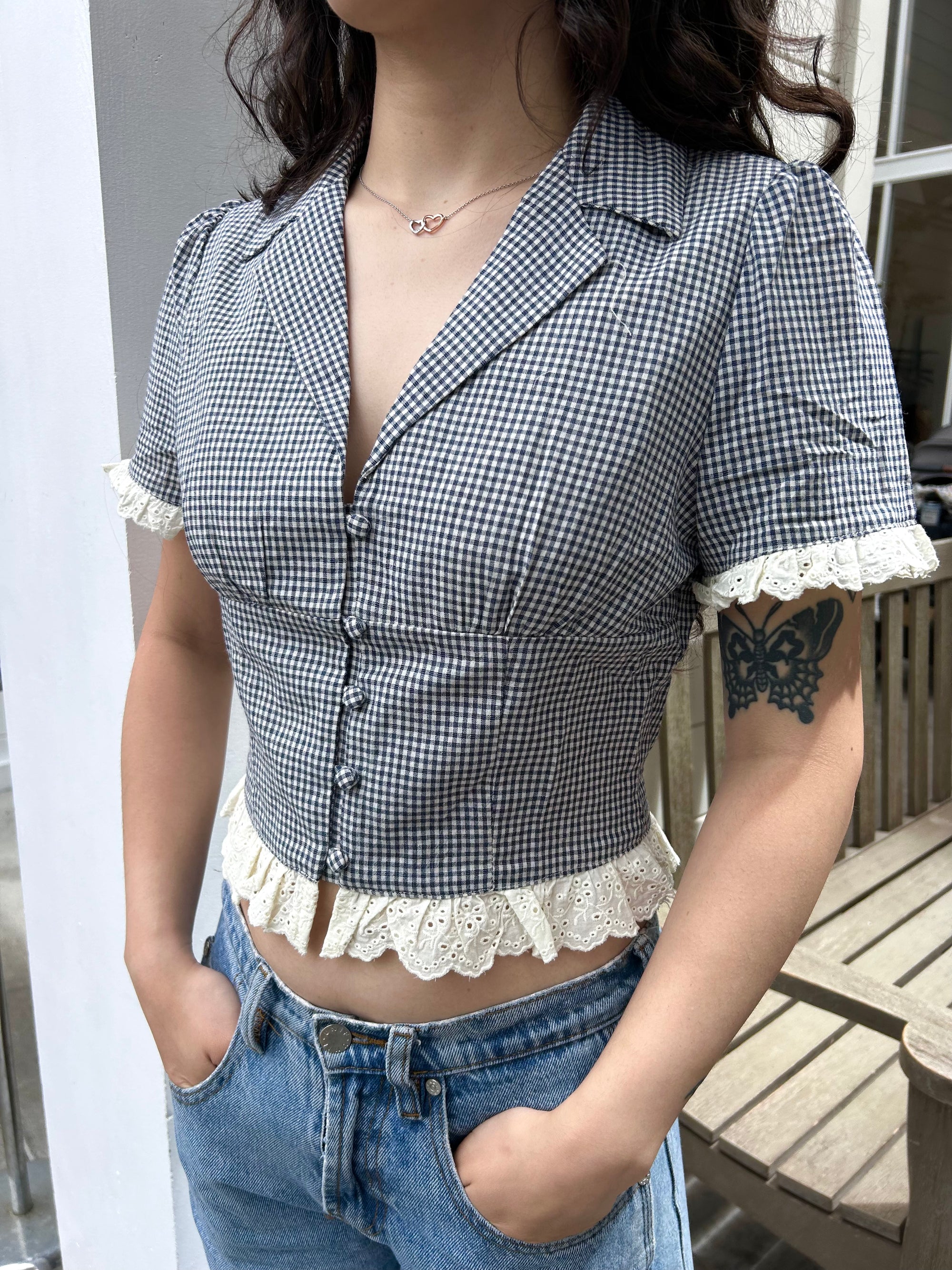 Gingham Eyelet Button-Up