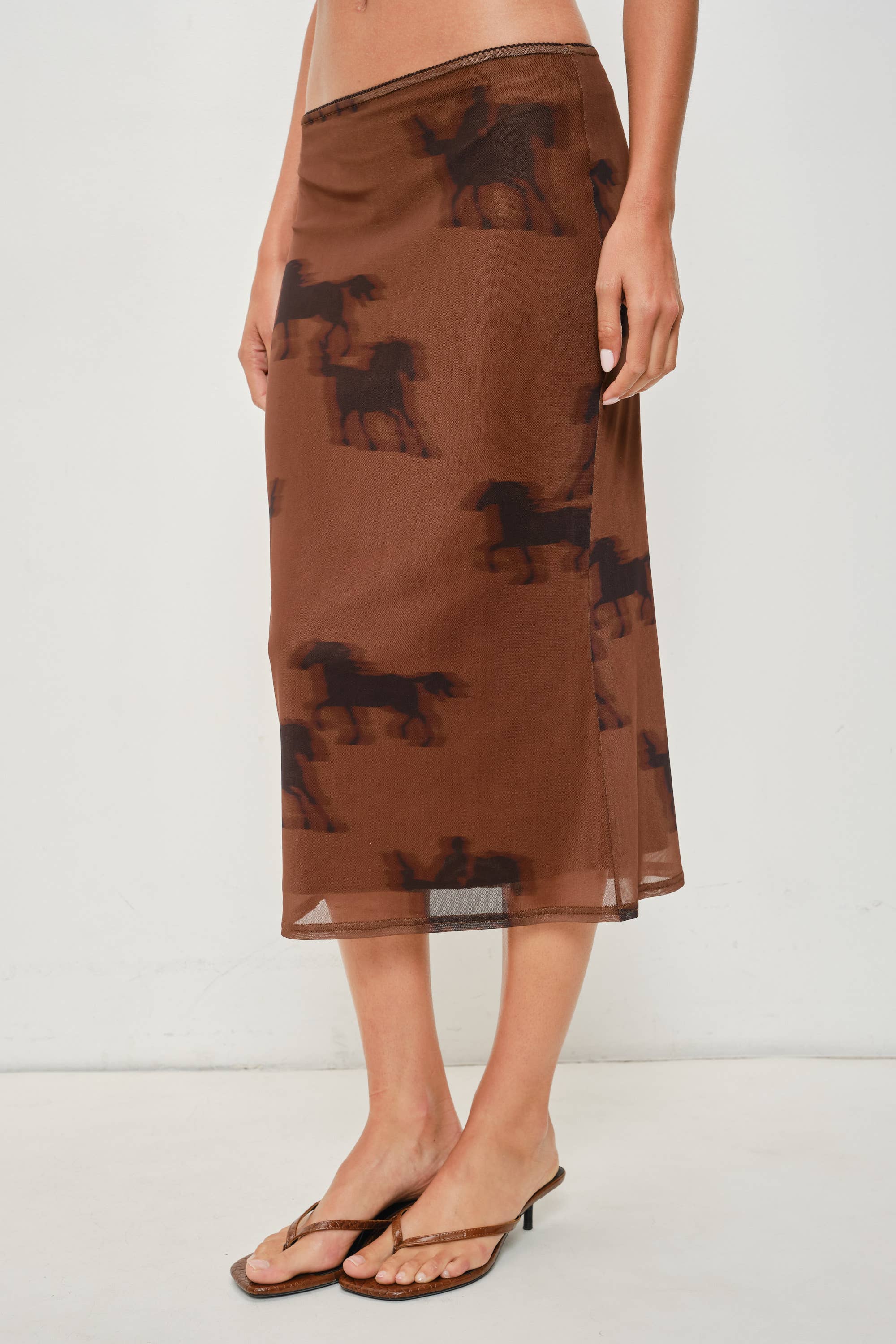 Horse Print Midi Skirt, Brown Multi