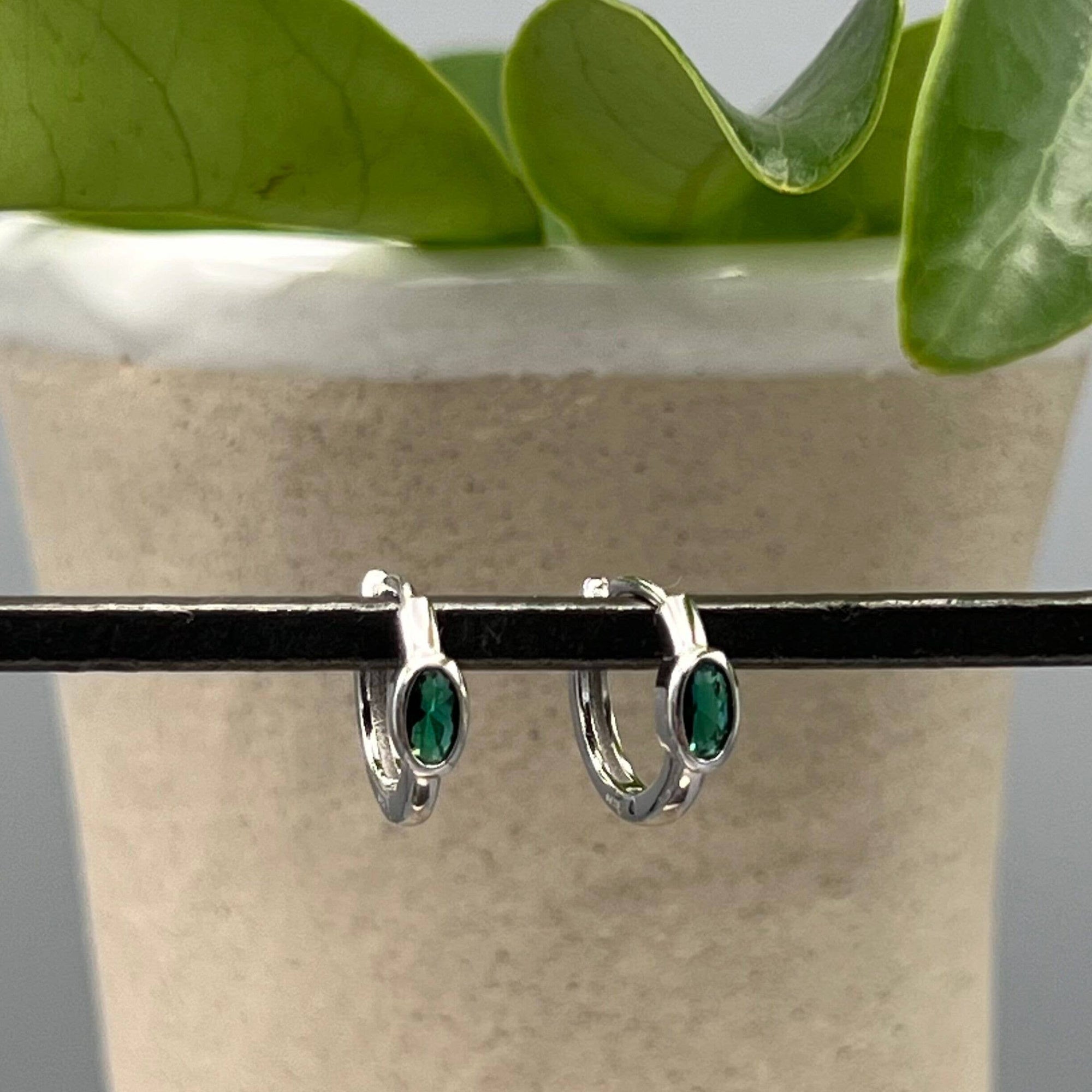 Silver Oval Emerald CZ Hoops