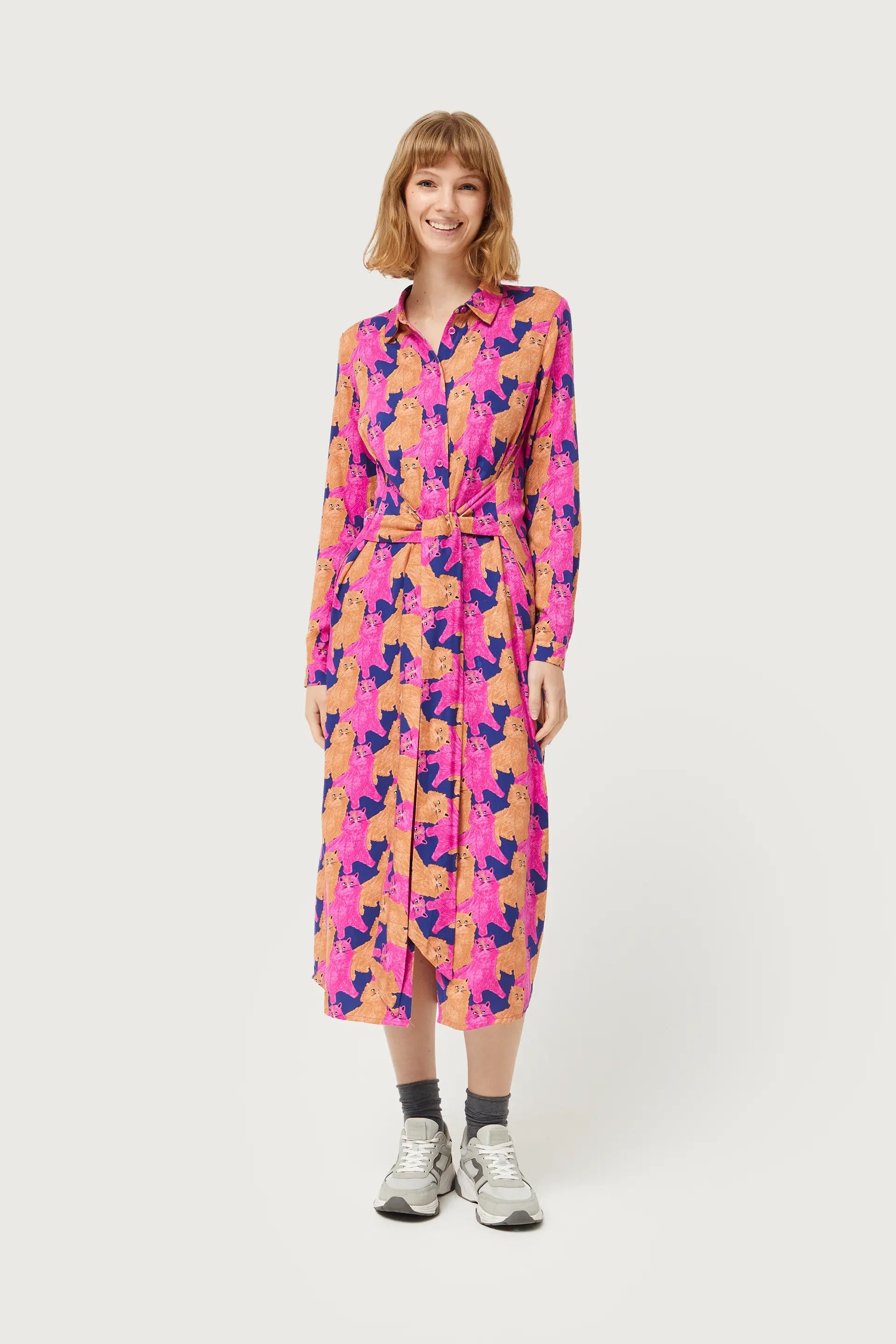 Cat Print Midi Shirt Dress