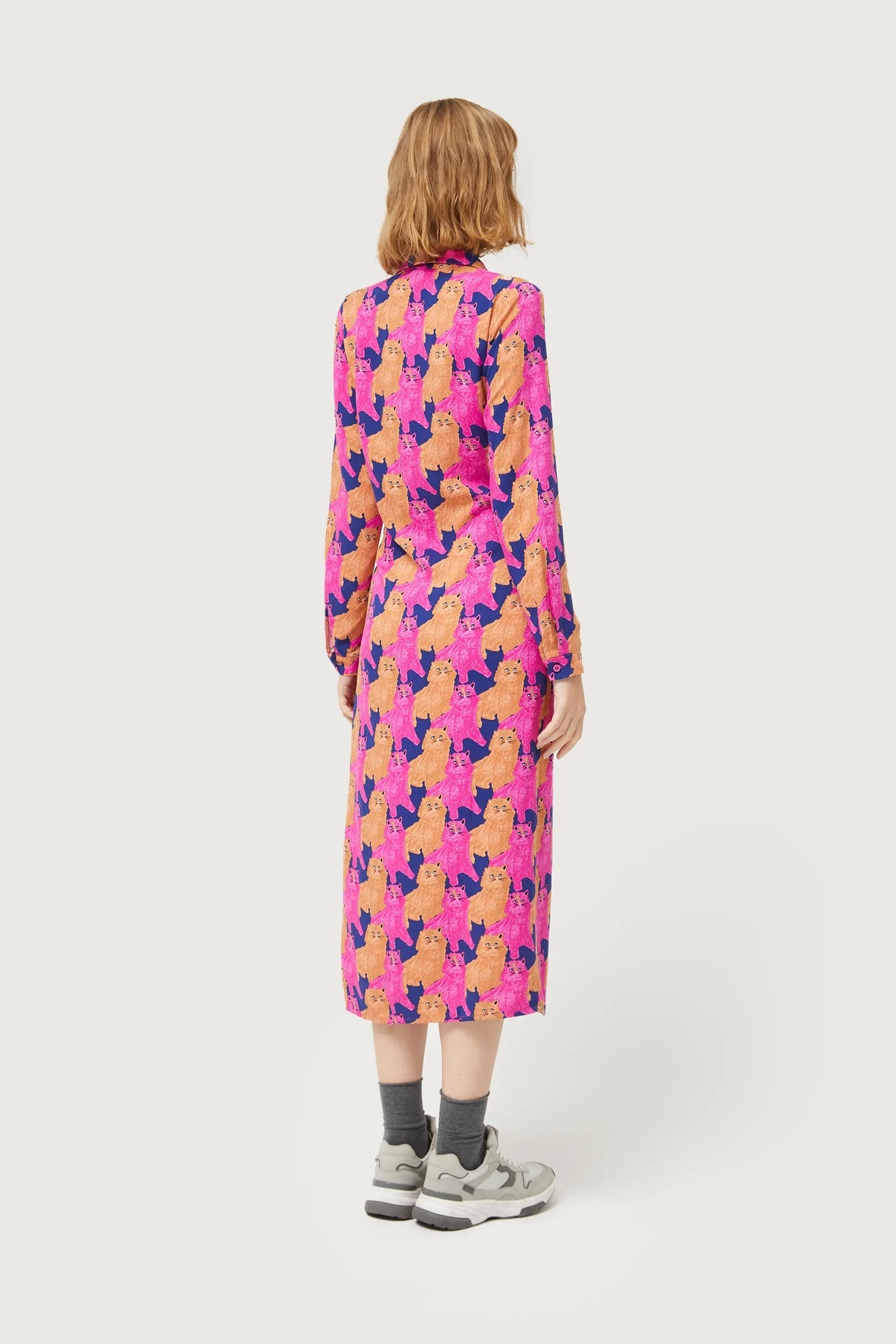 Cat Print Midi Shirt Dress