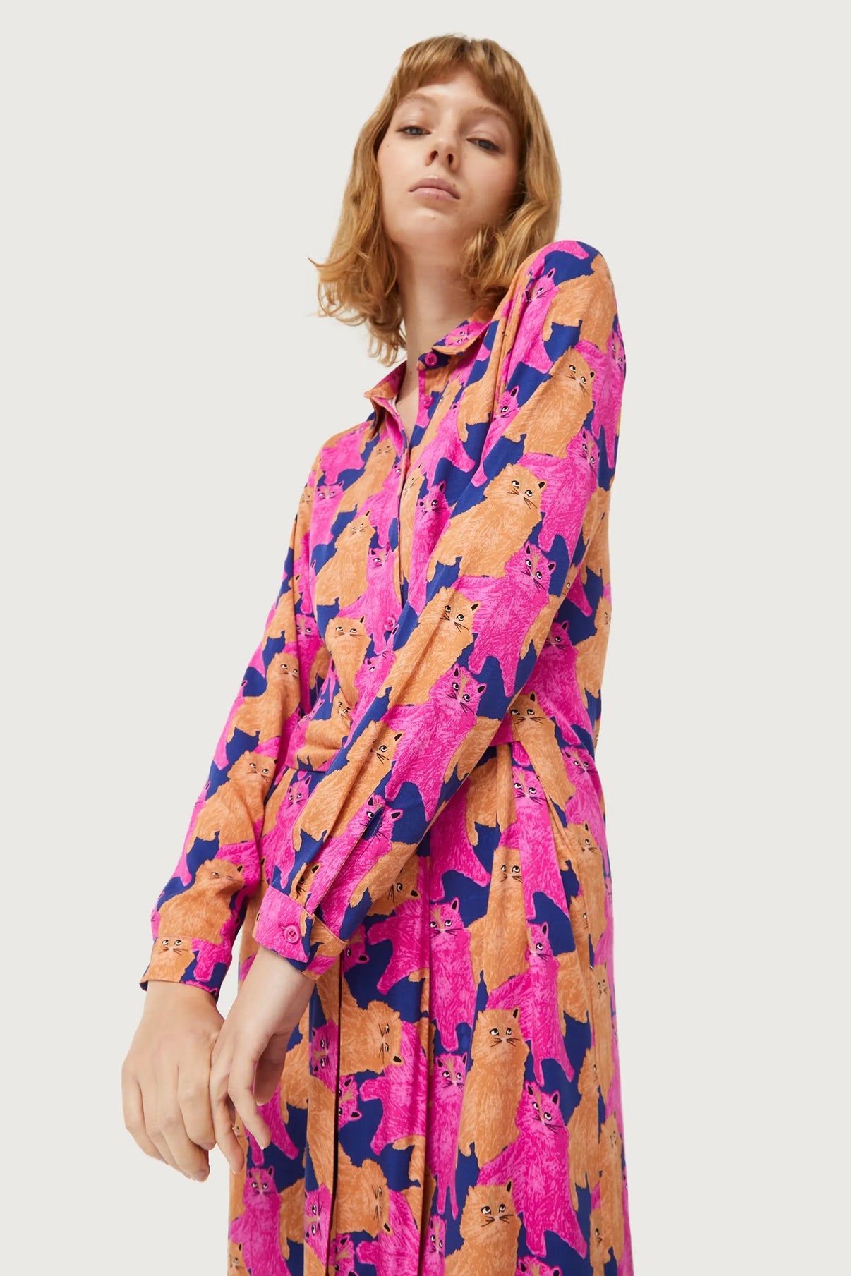 Cat Print Midi Shirt Dress