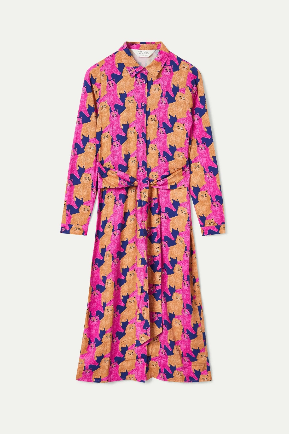 Cat Print Midi Shirt Dress