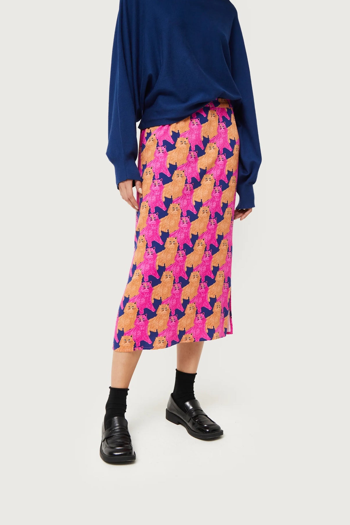 Cat Print Midi Skirt