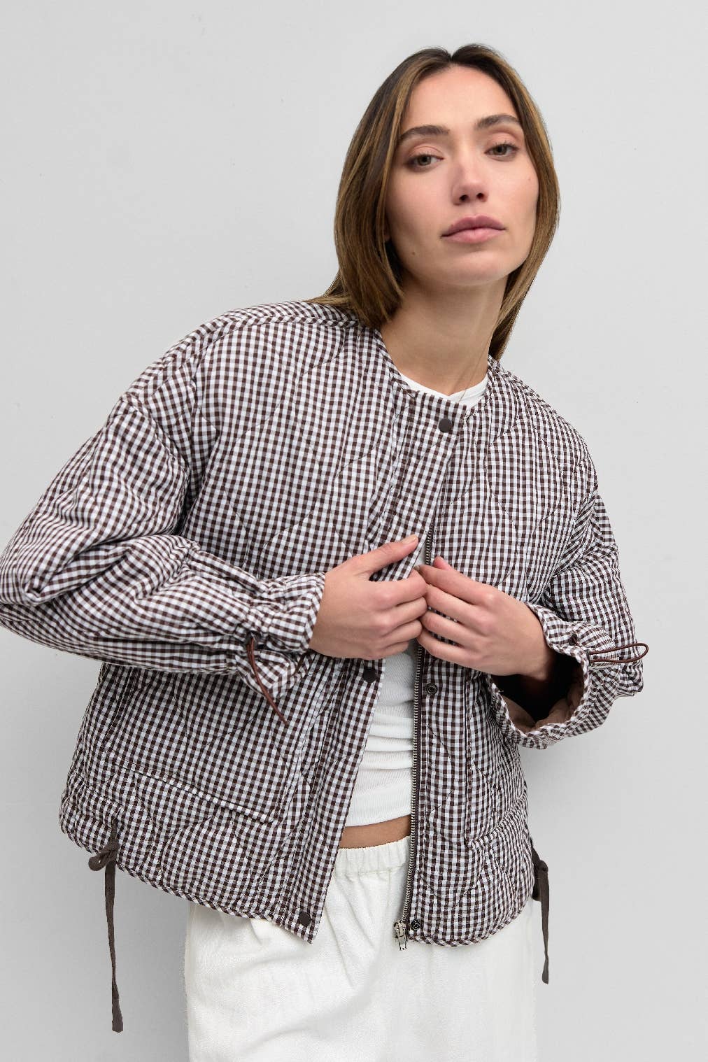 Quilted Gingham Jacket, Brown