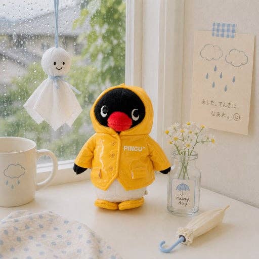 Pingu Raincoat Plush Keychain, Pink
