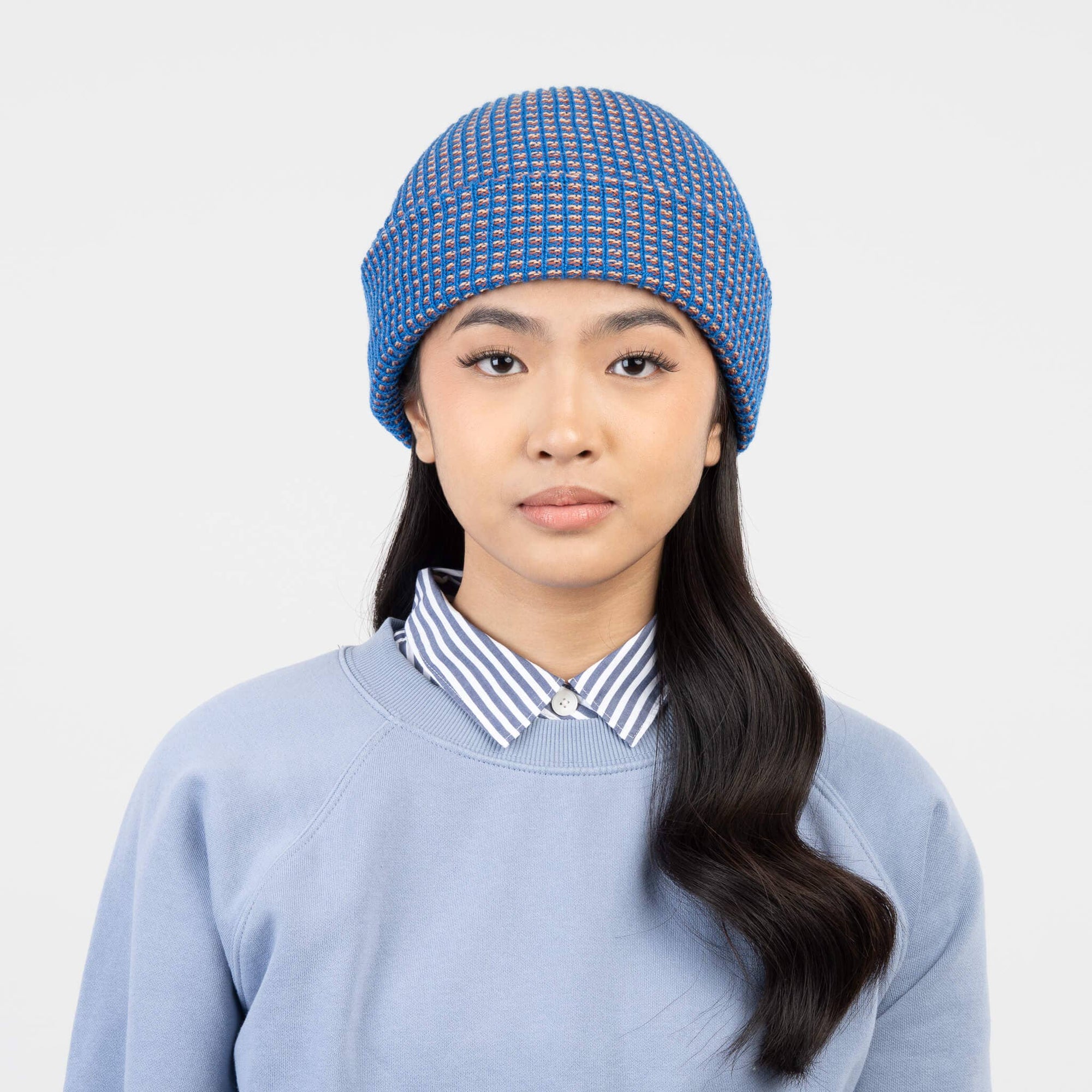 Simple Grid Knit Beanie, Cobalt Peach