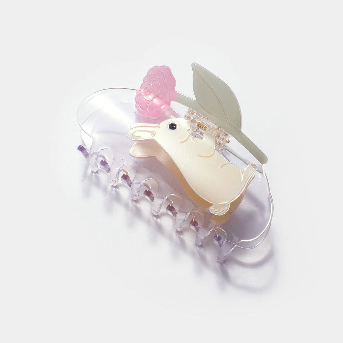 Cream Bunny Rabbit with Pink Peony Flower Hair Claw