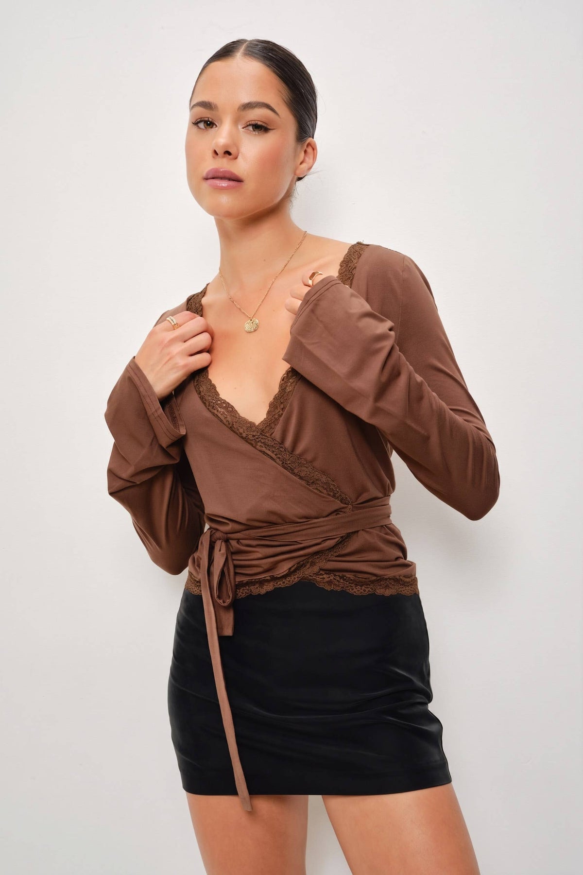 Lace Wrapped Top, Brown