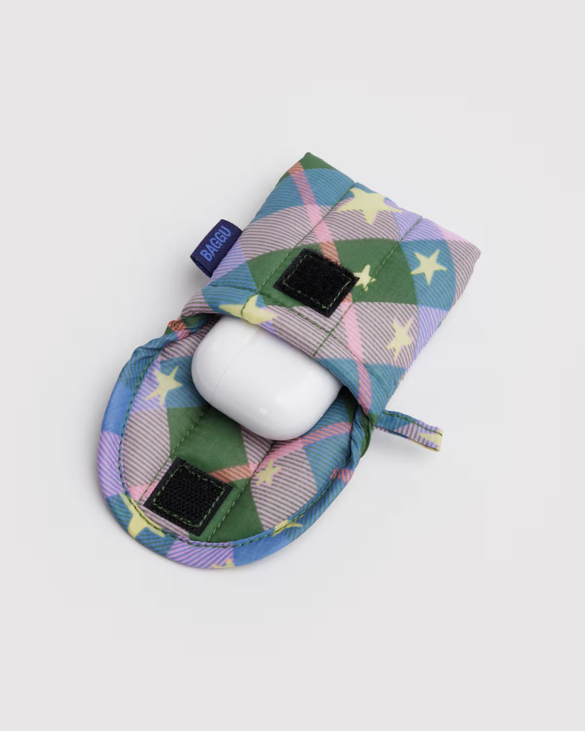 Puffy Earbuds Case, Green Star Plaid