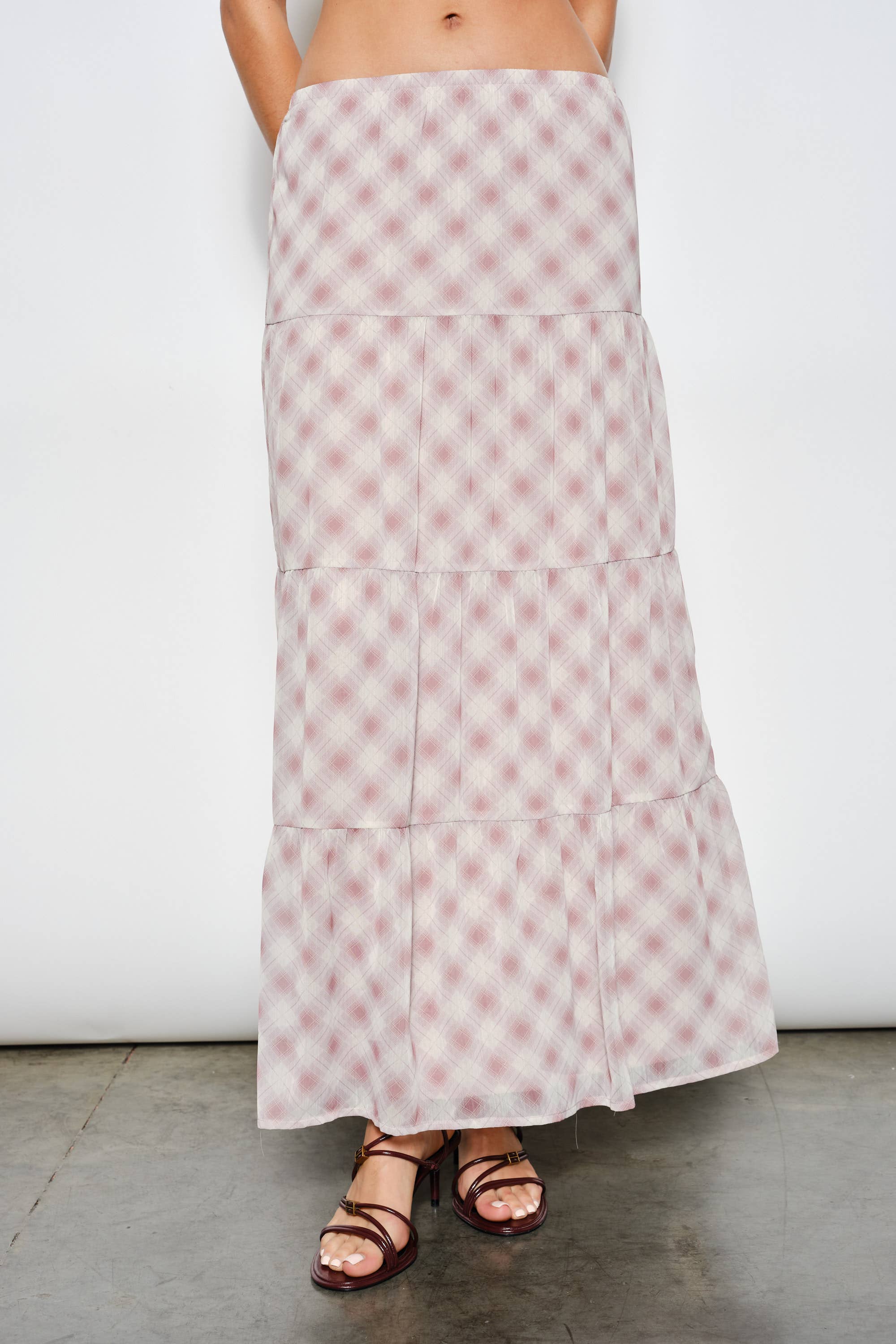 Plaid Tiered Maxi Skirt, Dusty Pink