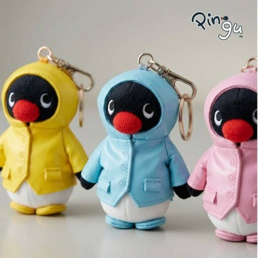 Pingu Raincoat Plush Keychain, Pink