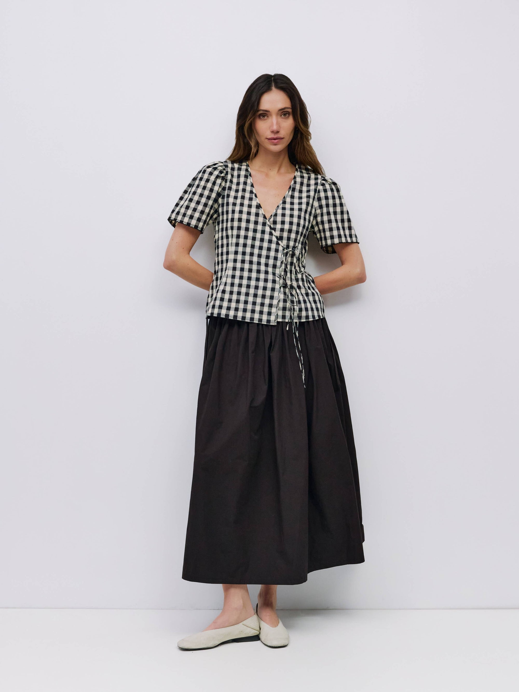 Gingham Tie Front Blouse, Cream/Black