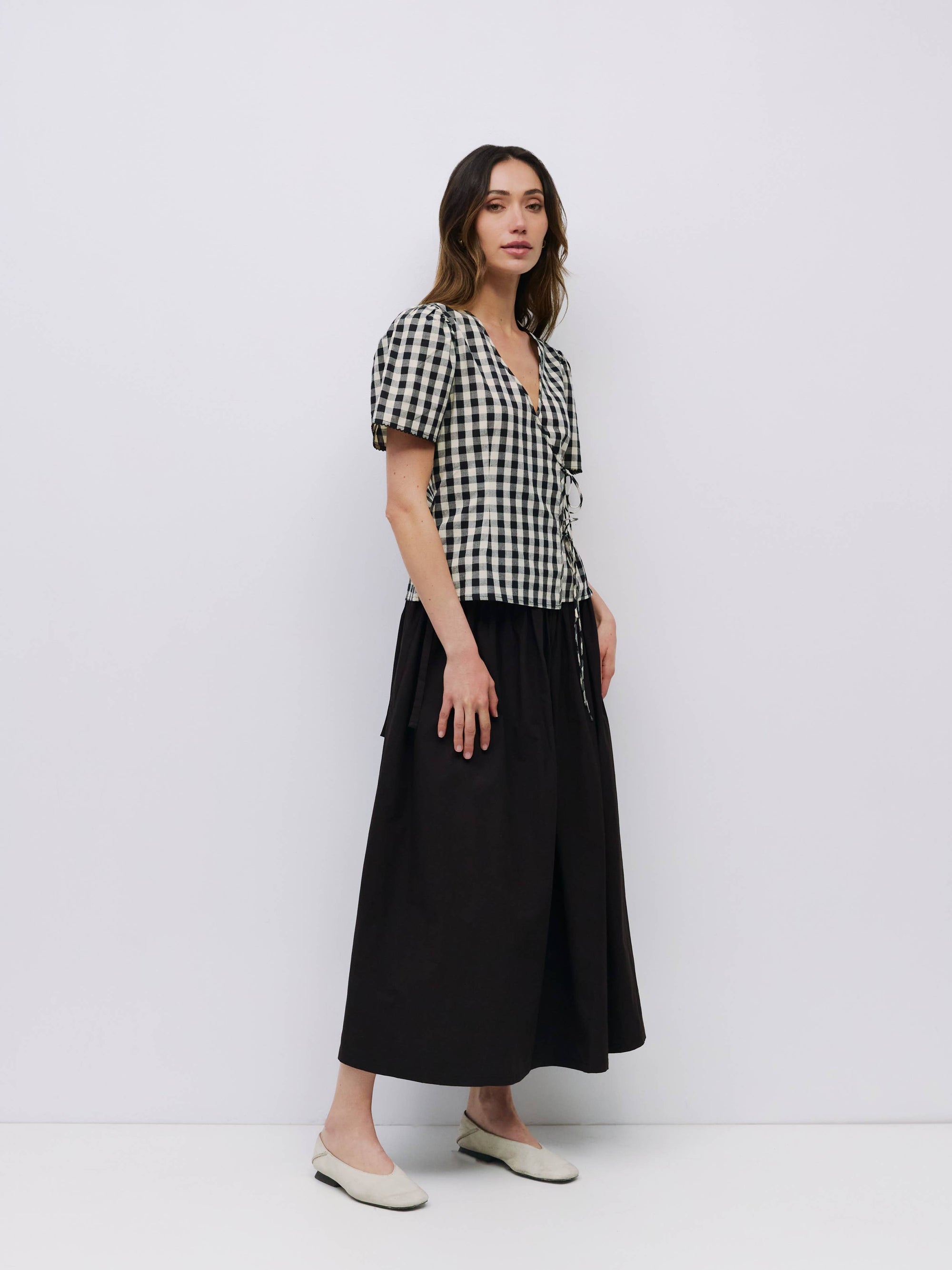 Gingham Tie Front Blouse, Cream/Black