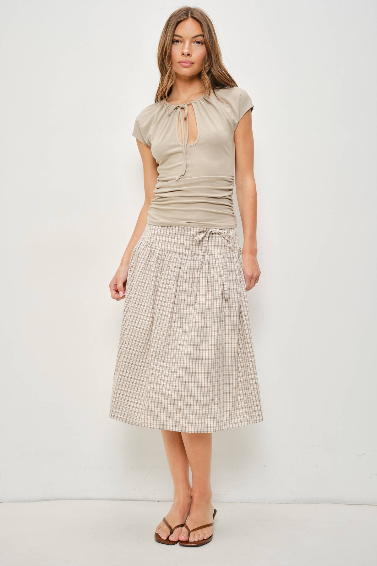 Plaid Midi Skirt, Ivory/Tan