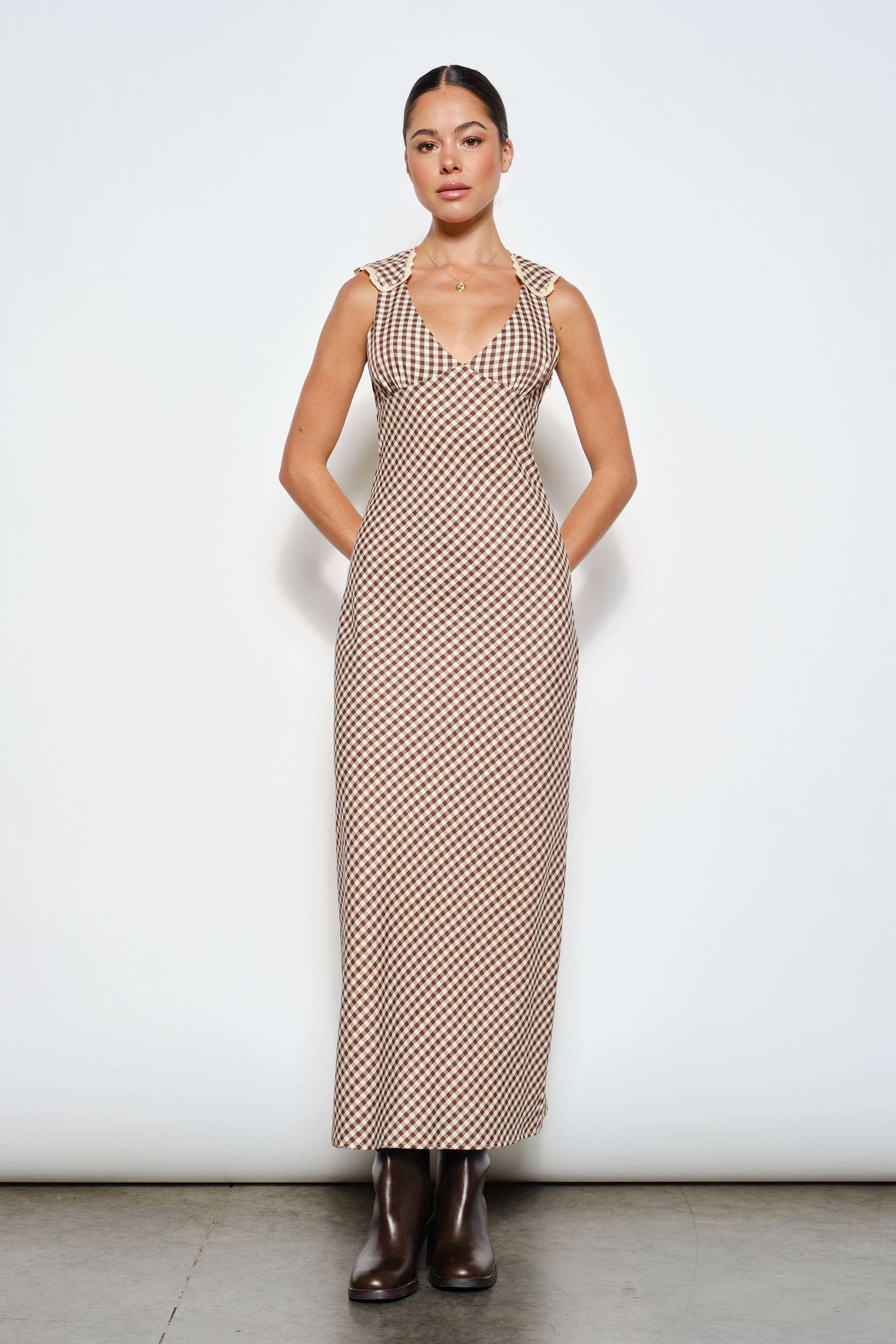 Lace & Gingham Maxi Dress, Brown