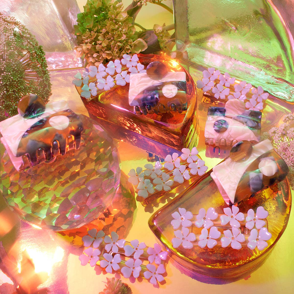 Flower Alligator Hair Clip, Light Blue & Gold