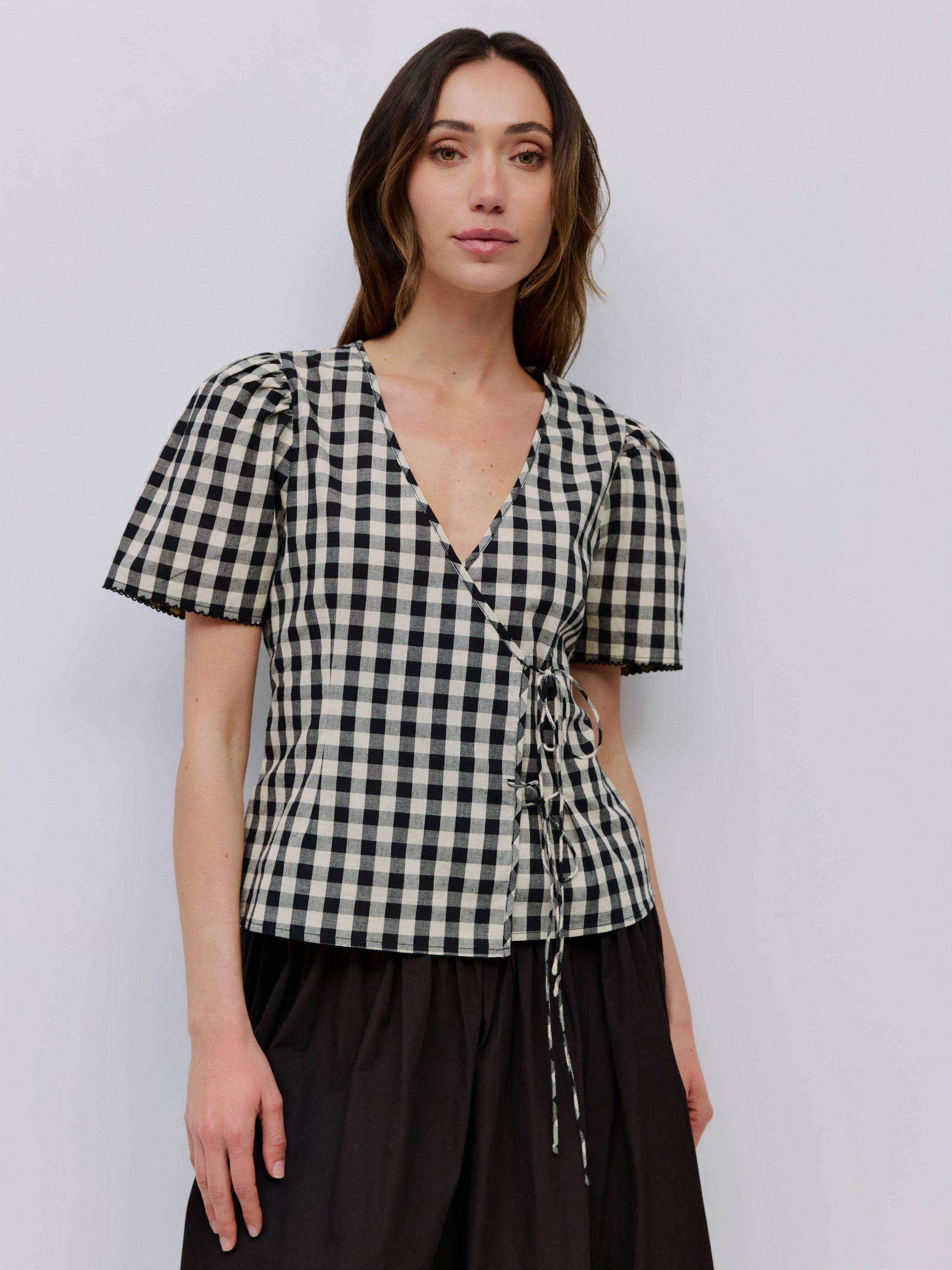 Gingham Tie Front Blouse, Cream/Black