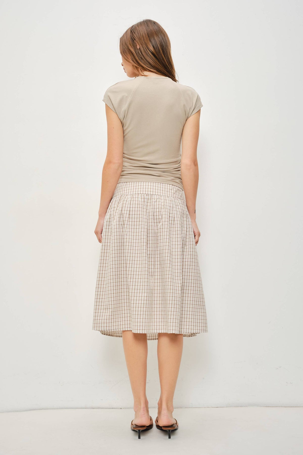 Plaid Midi Skirt, Ivory/Tan